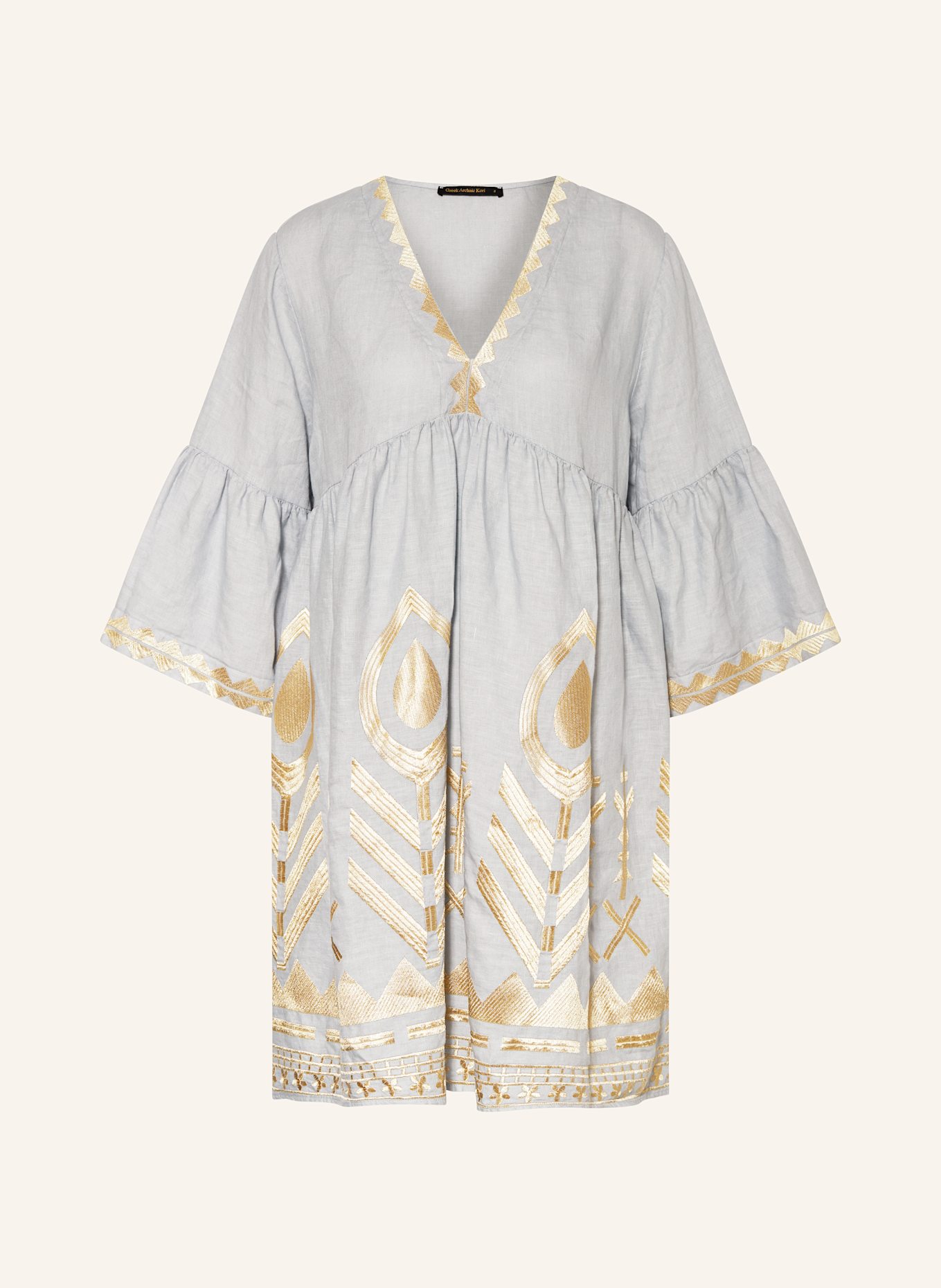 Greek Archaic Kori Beach dress FEATHER in linen with 3/4 sleeves: LIGHT GRAY / GOLD