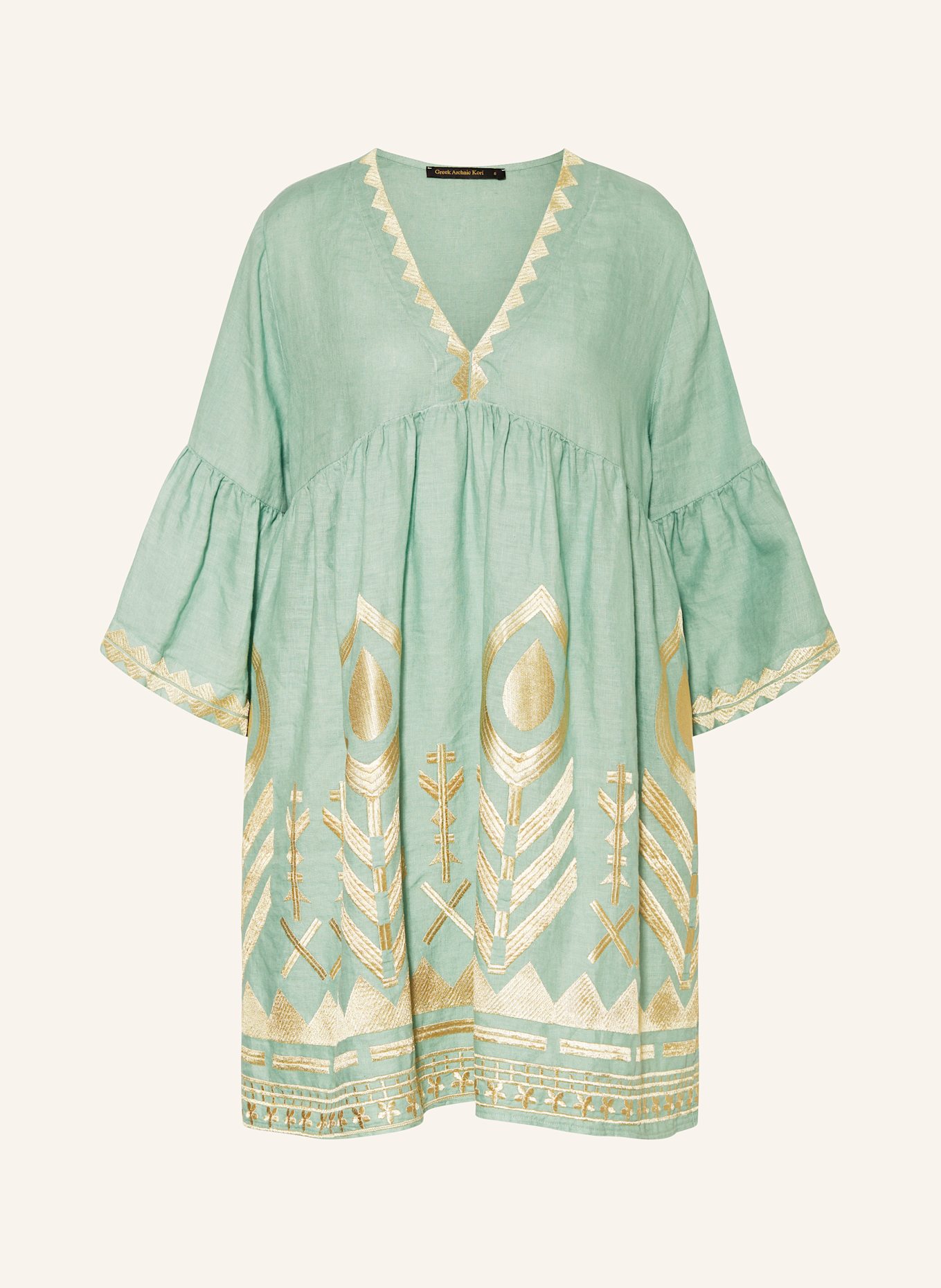 Greek Archaic Kori Beach dress FEATHER in linen with 3/4 sleeves: LIGHT GREEN / GOLD