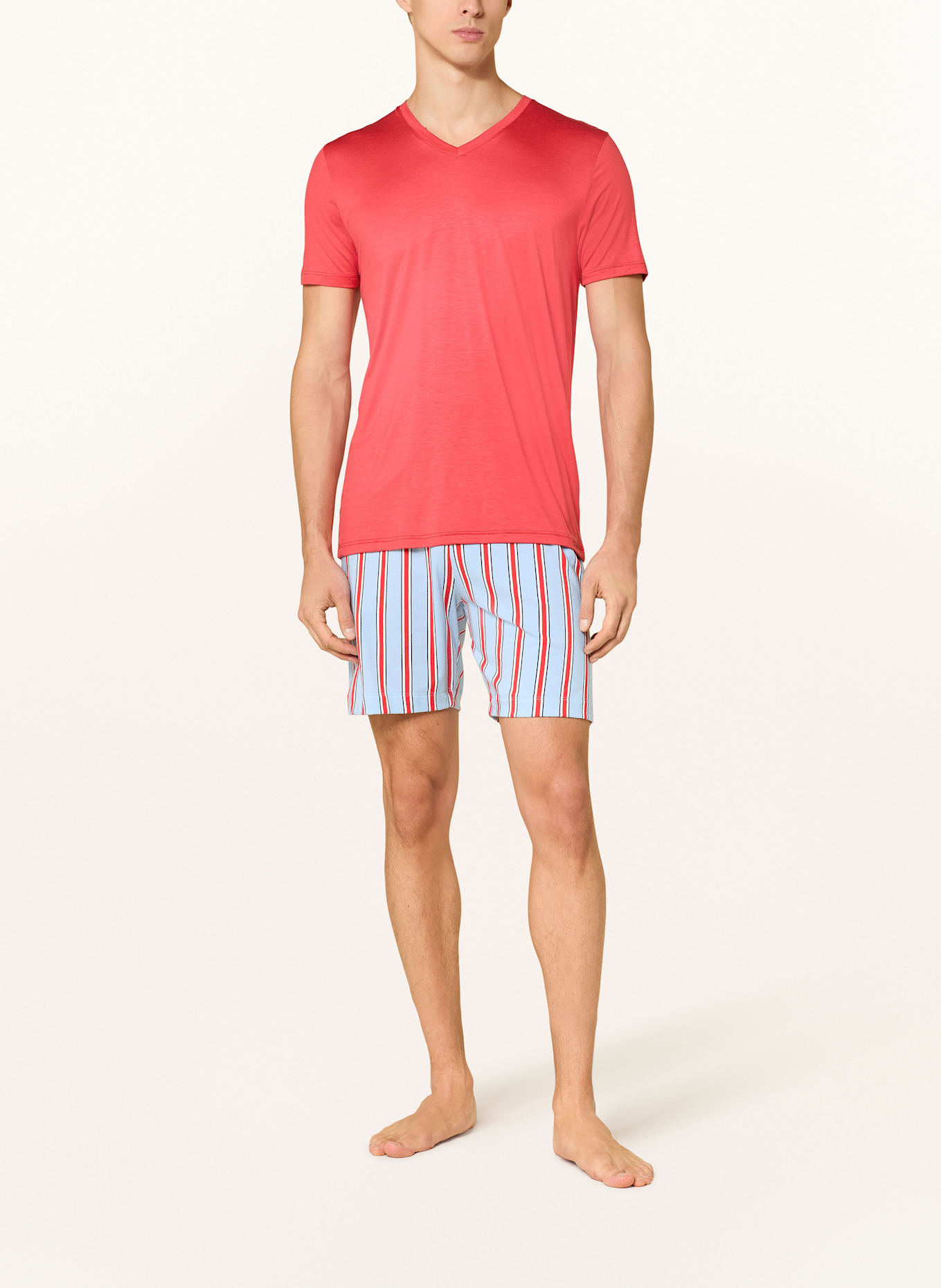 mey Schlafshorts Serie BOLD LINES: HELLBLAU/ ROT/ WEISS