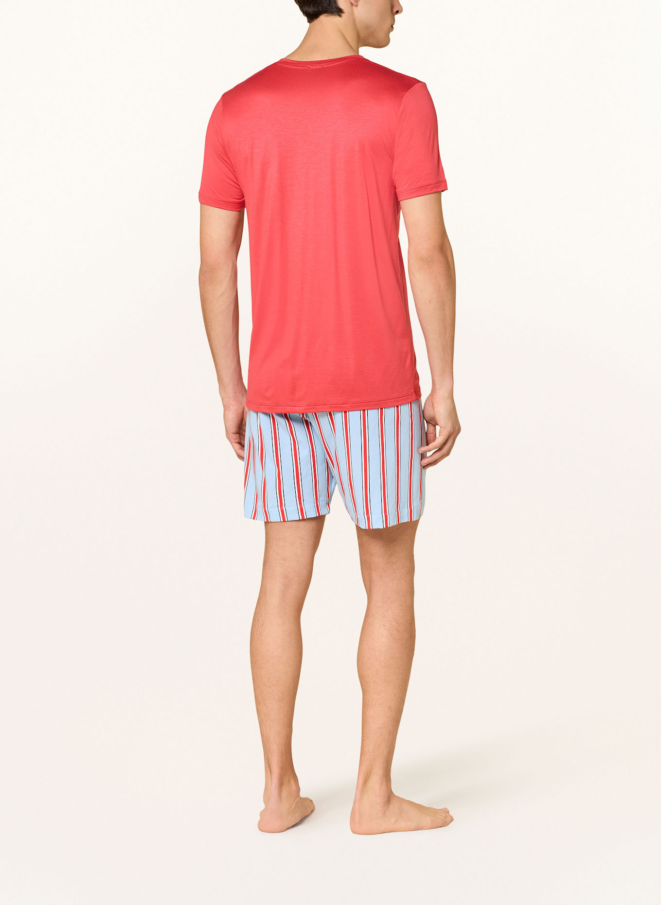 mey Schlafshorts Serie BOLD LINES: HELLBLAU/ ROT/ WEISS