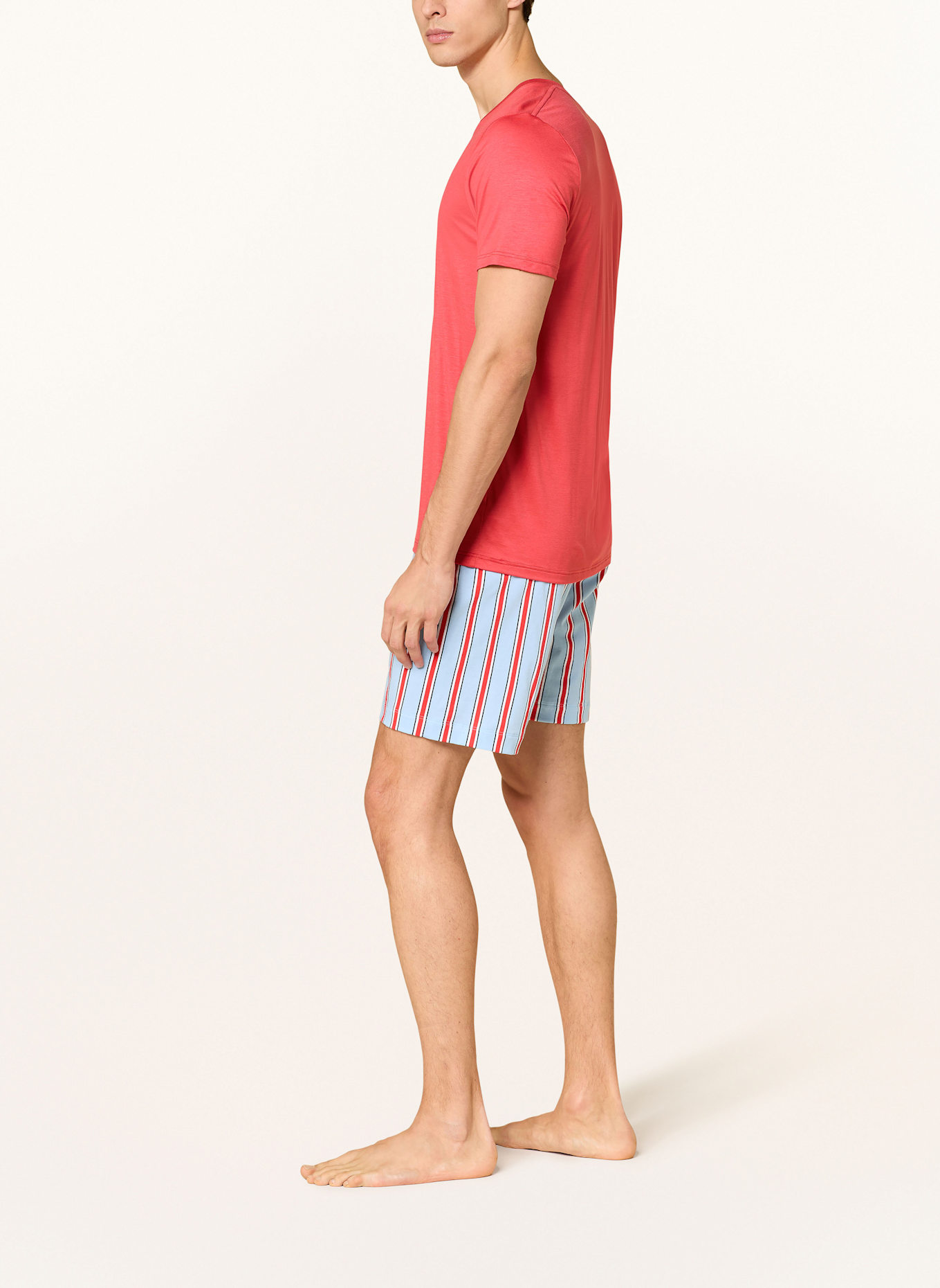 mey Schlafshorts Serie BOLD LINES: HELLBLAU/ ROT/ WEISS