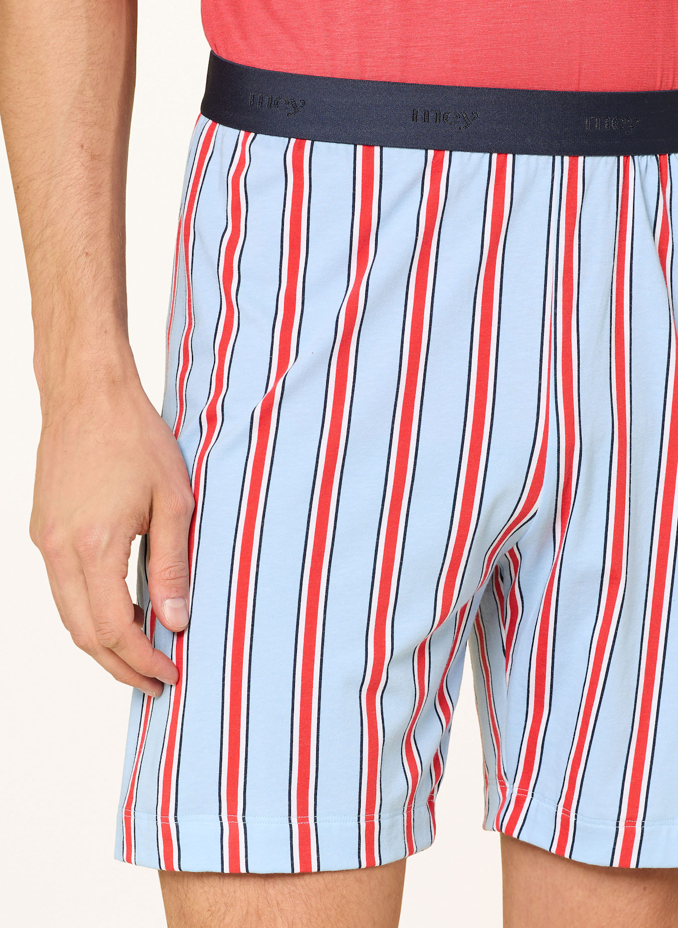 mey Schlafshorts Serie BOLD LINES: HELLBLAU/ ROT/ WEISS