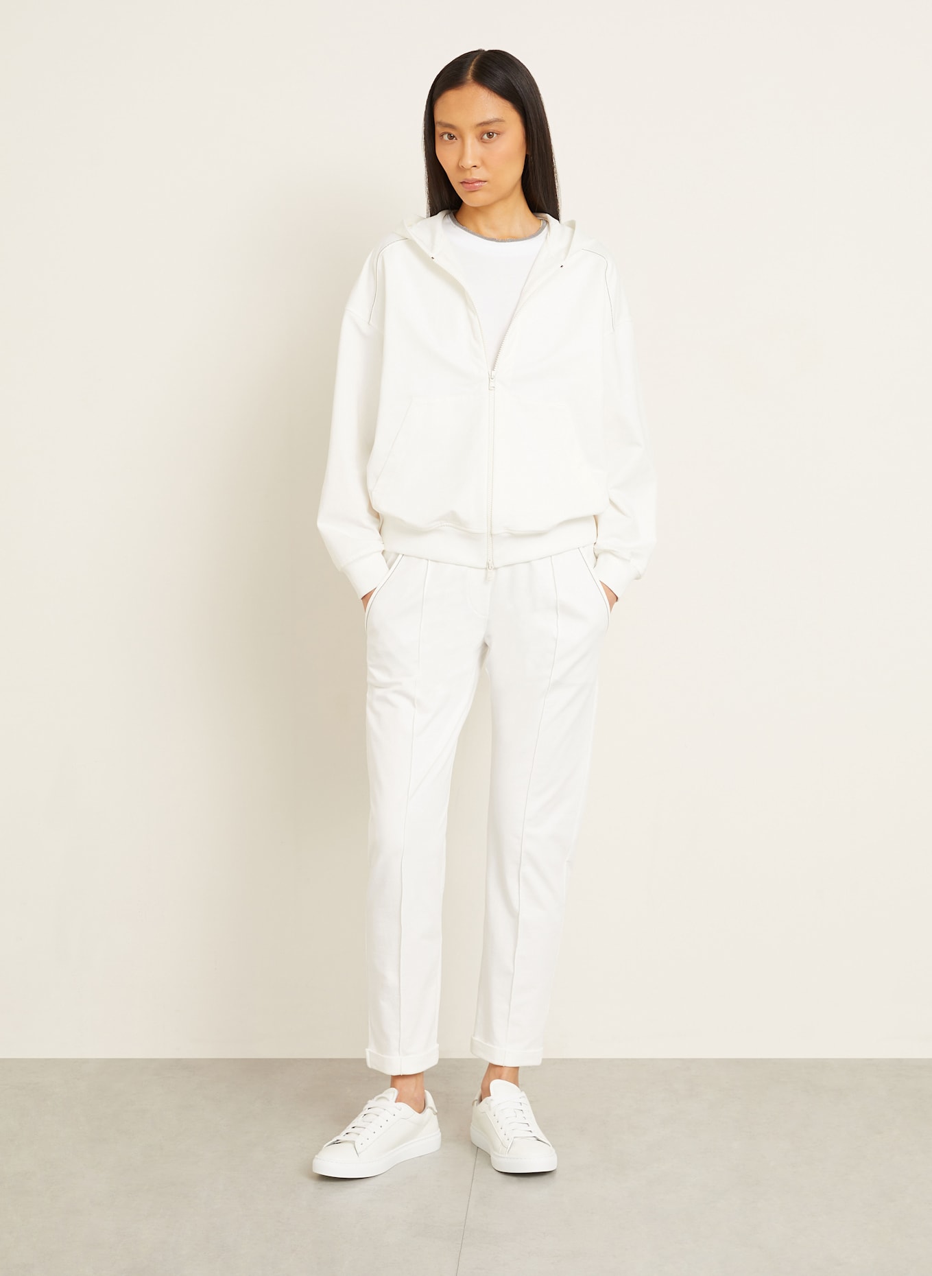 BRUNELLO CUCINELLI Mikinová bunda s ozdobnými kamínky: BÍLÁ