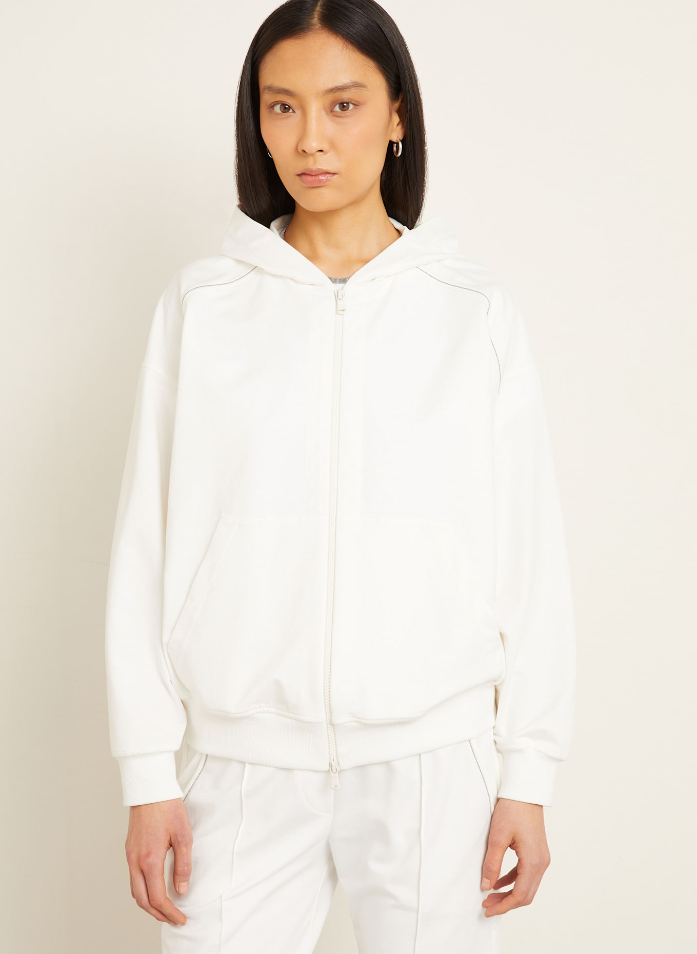 BRUNELLO CUCINELLI Mikinová bunda s ozdobnými kamínky: BÍLÁ