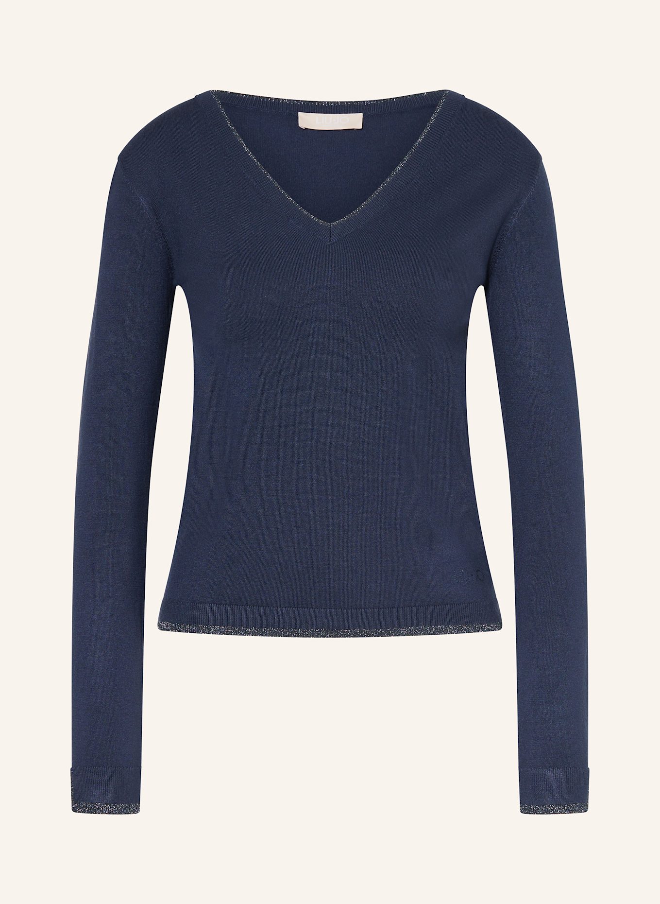 LIU JO Svetr s třpytivou přízí a ozdobnými kamínky: TMAVĚ MODRÁ