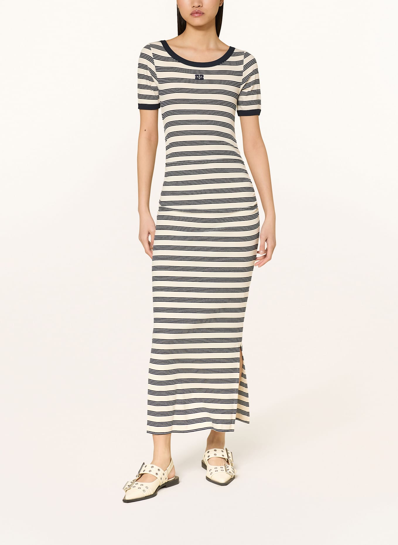 GANNI Dress with 3/4 sleeves: CREAM / DARK BLUE