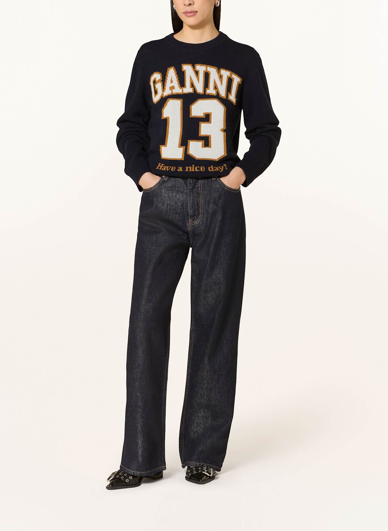 GANNI Sweter: GRANATOWY / BIAŁY / CIEMNOŻÓŁTY