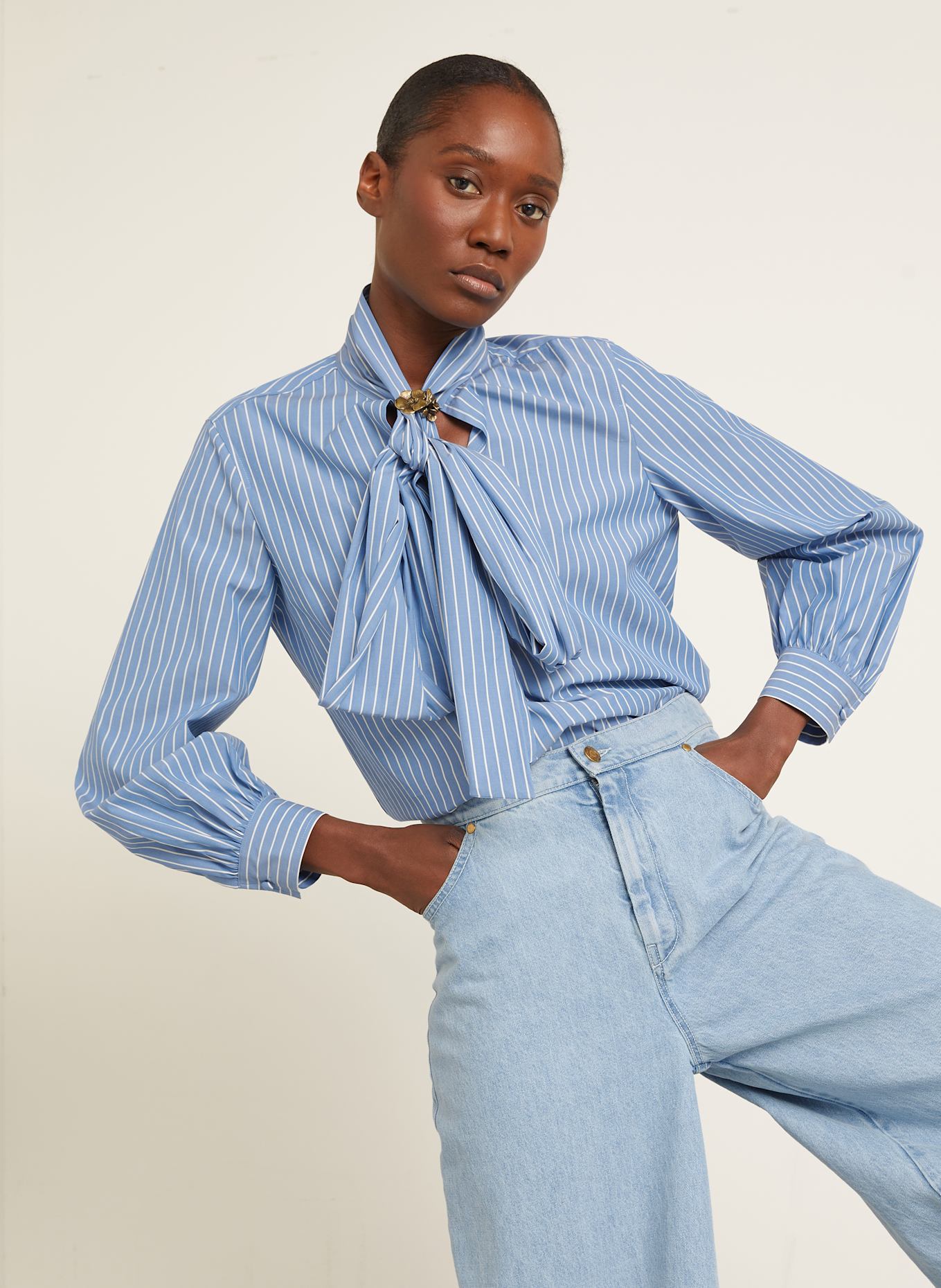 Max Mara Blusenshirt DISCO mit Schluppe: BLAU / WEISS