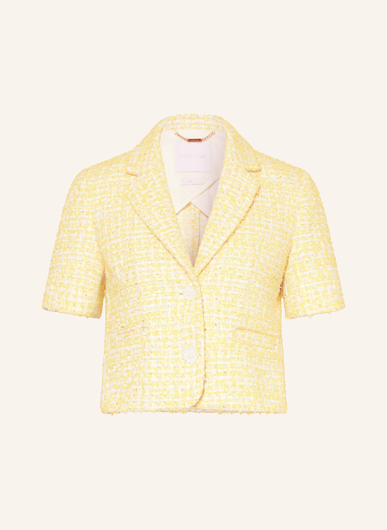 Rich & Royal Cropped-Blazer aus Tweed mit Pailletten: GELB / CREME / WEISS