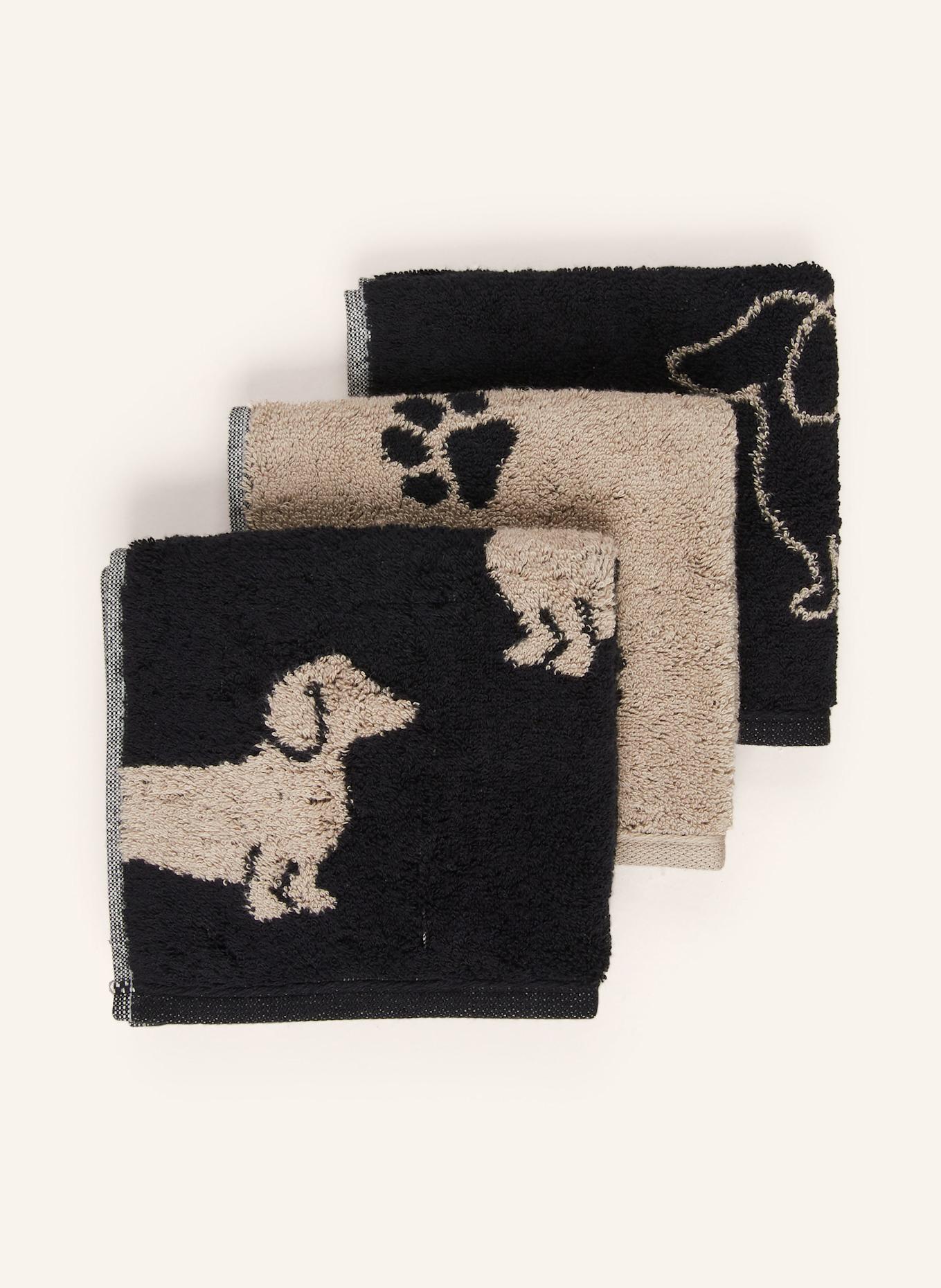 Cawö Lot de 3 gants de toilette WE LOVE DOGS: NOIR / BEIGE