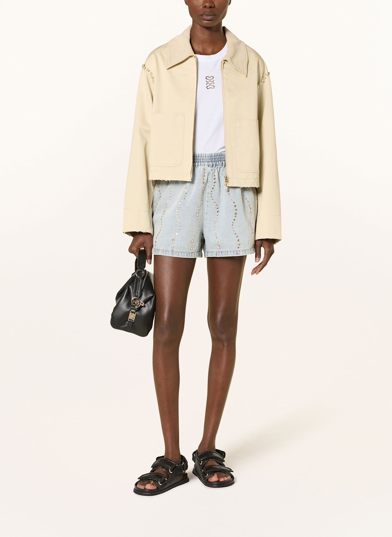 SANDRO Kastenjacke im Materiamix mit Schmuckperlen: BEIGE