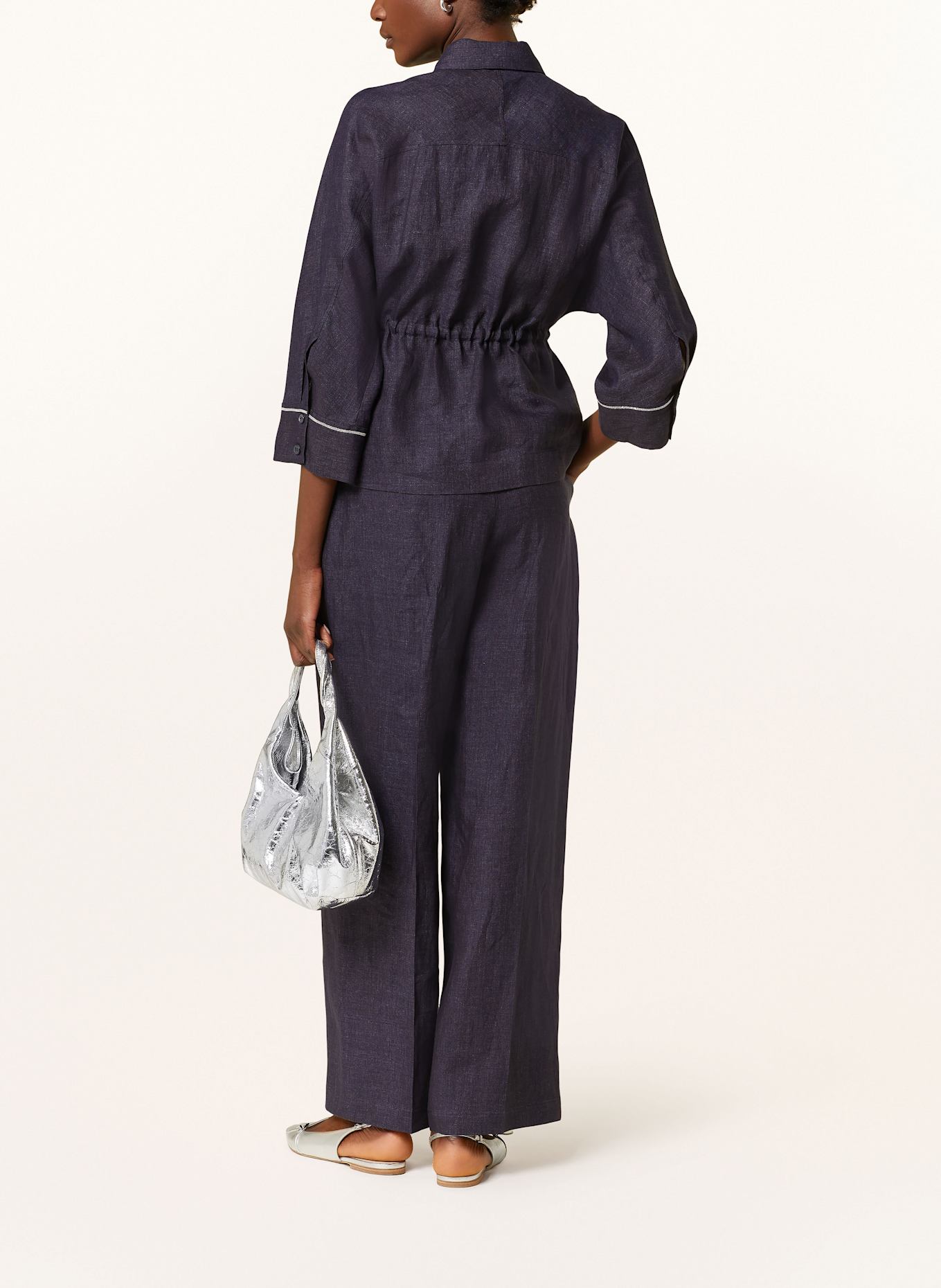 PESERICO Hemdbluse aus Leinen mit Schmuckperlen: DUNKELBLAU