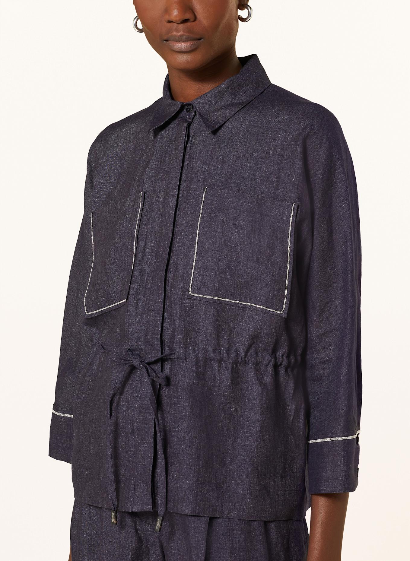 PESERICO Hemdbluse aus Leinen mit Schmuckperlen: DUNKELBLAU