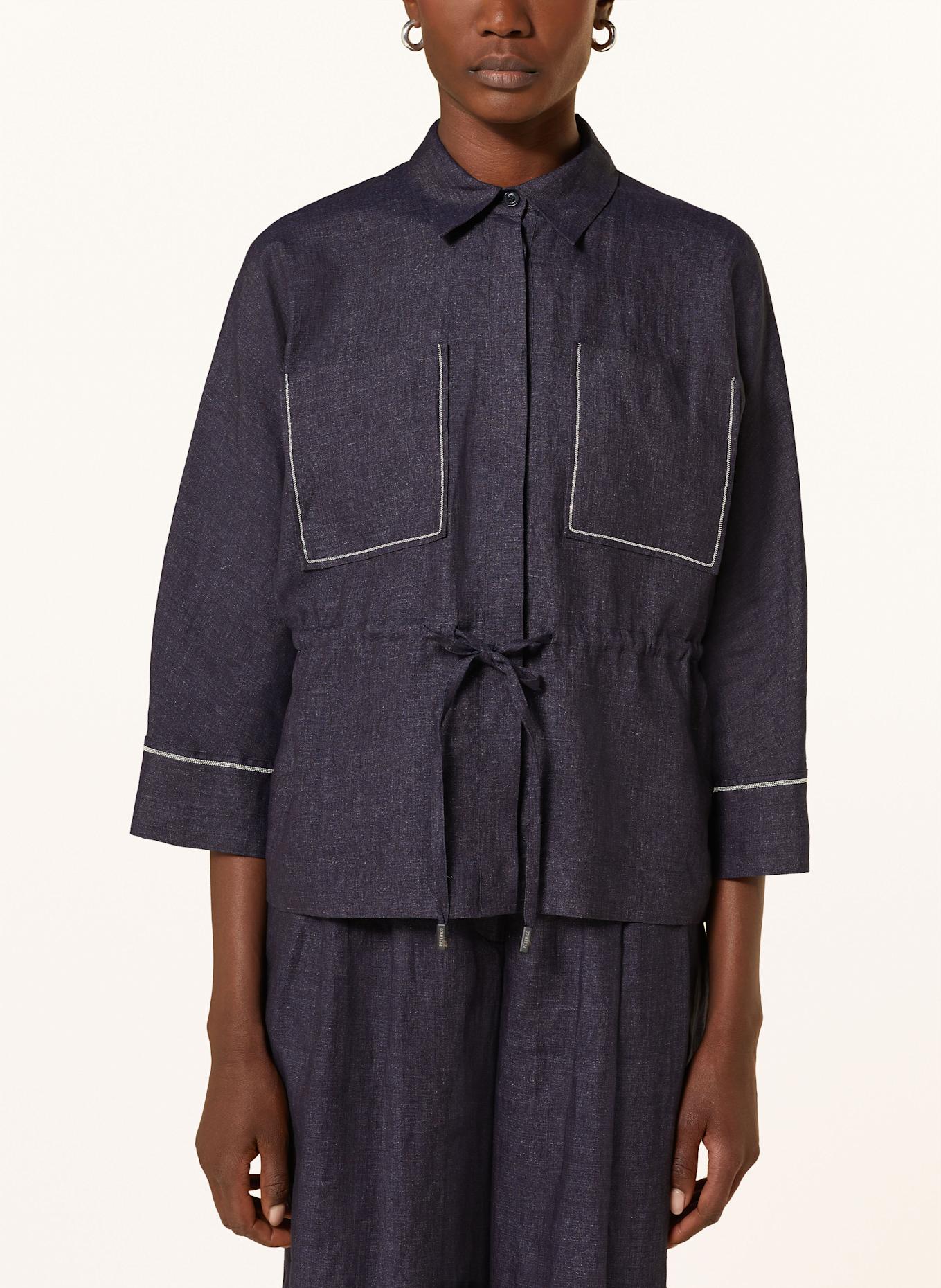 PESERICO Hemdbluse aus Leinen mit Schmuckperlen: DUNKELBLAU