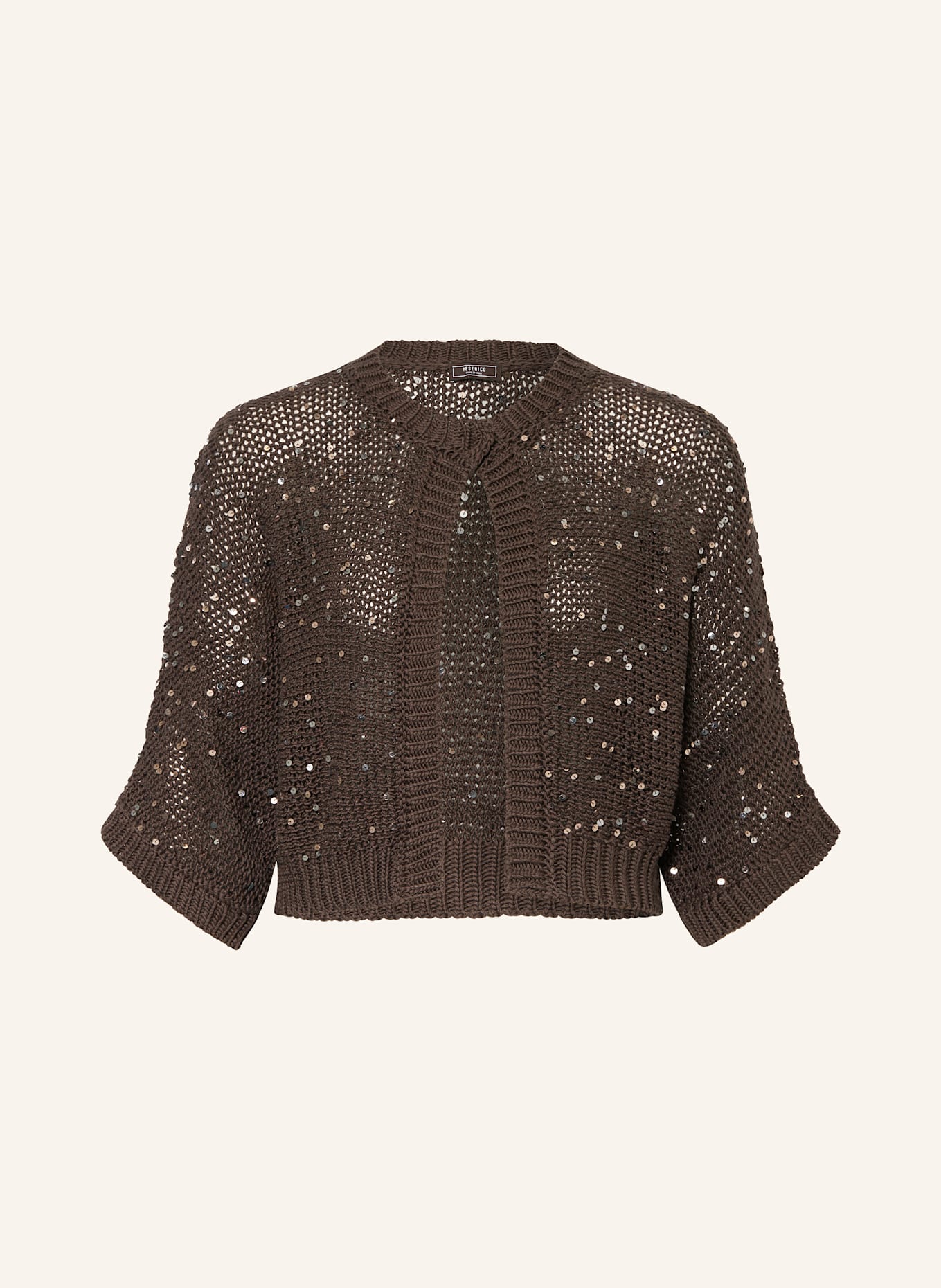 PESERICO Cropped-Strickjacke mit 3/4-Arm und Pailletten: DUNKELBRAUN