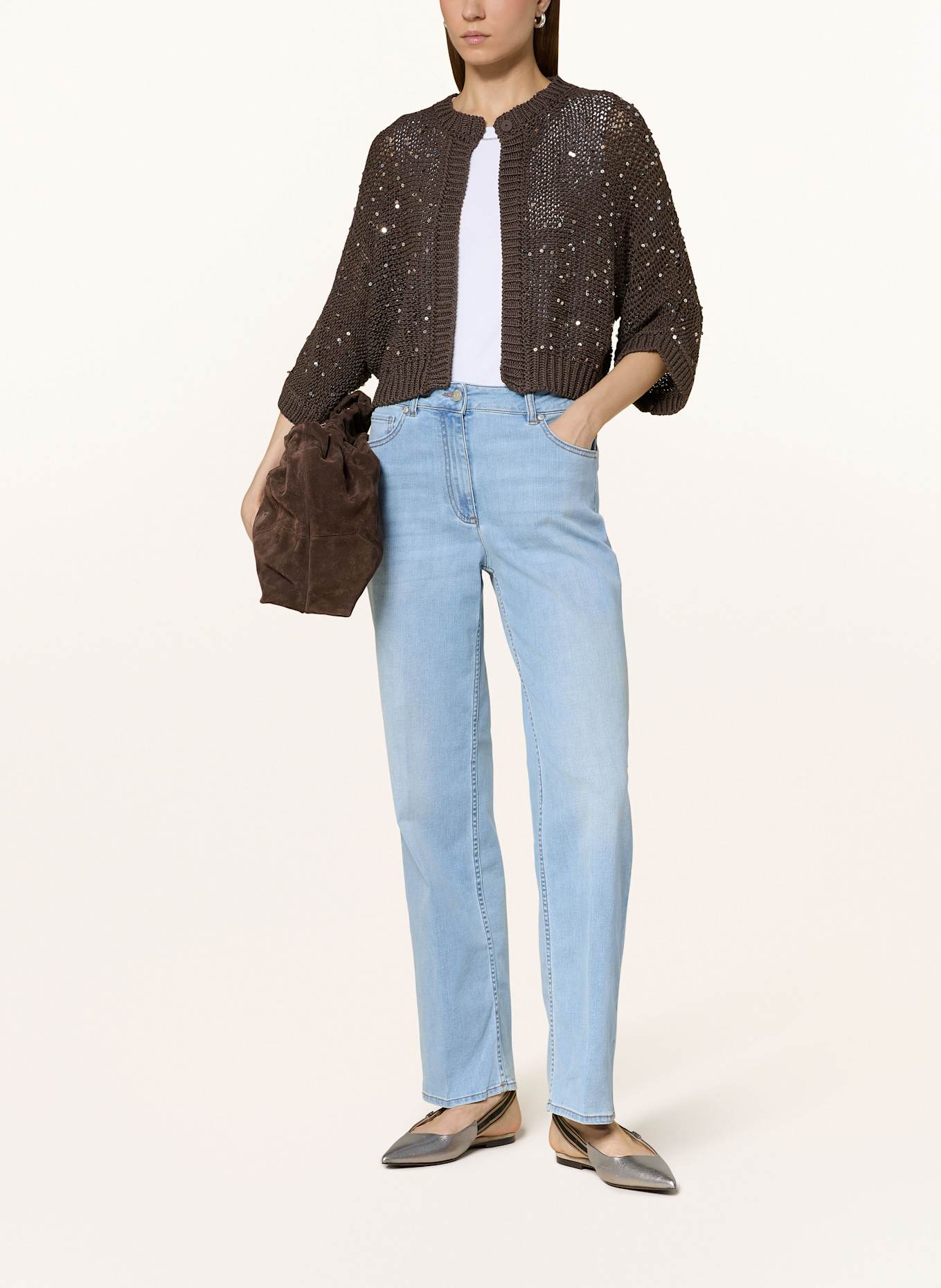 PESERICO Cropped-Strickjacke mit 3/4-Arm und Pailletten: DUNKELBRAUN