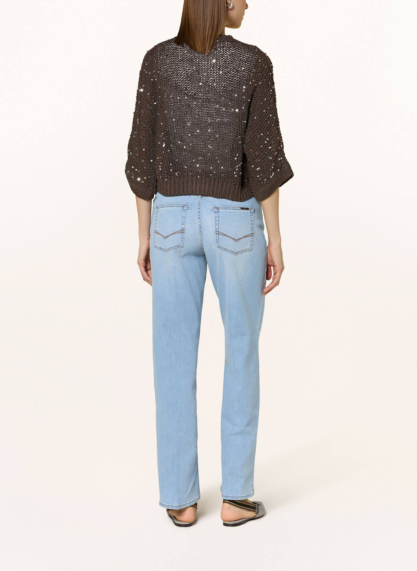 PESERICO Cropped-Strickjacke mit 3/4-Arm und Pailletten: DUNKELBRAUN