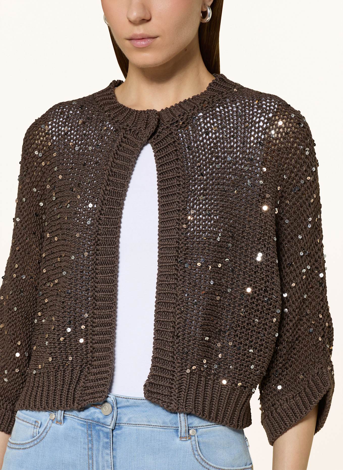 PESERICO Cropped-Strickjacke mit 3/4-Arm und Pailletten: DUNKELBRAUN