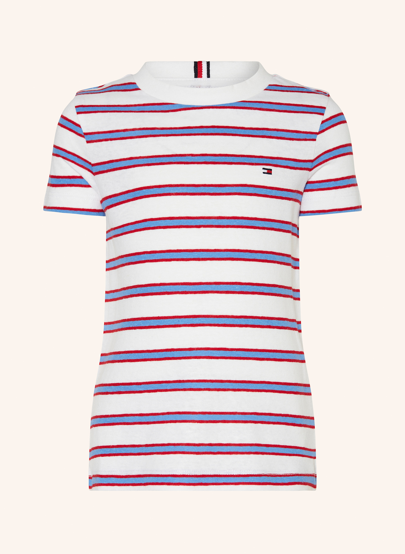 TOMMY HILFIGER T-shirt z lnu: BIAŁY / JASNONIEBIESKI / CIEMNOCZERWONY