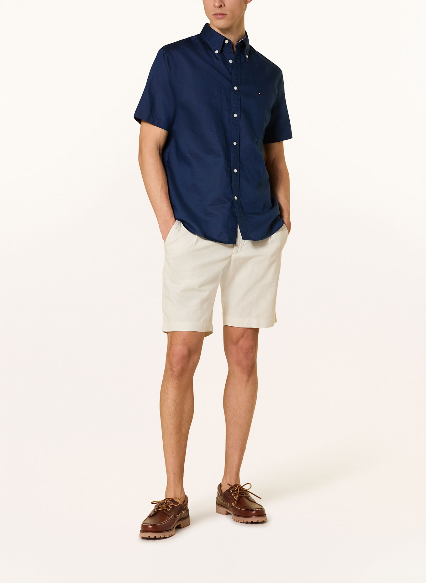 TOMMY HILFIGER Kurzarm-Hemd Regular Fit mit Leinen: DUNKELBLAU