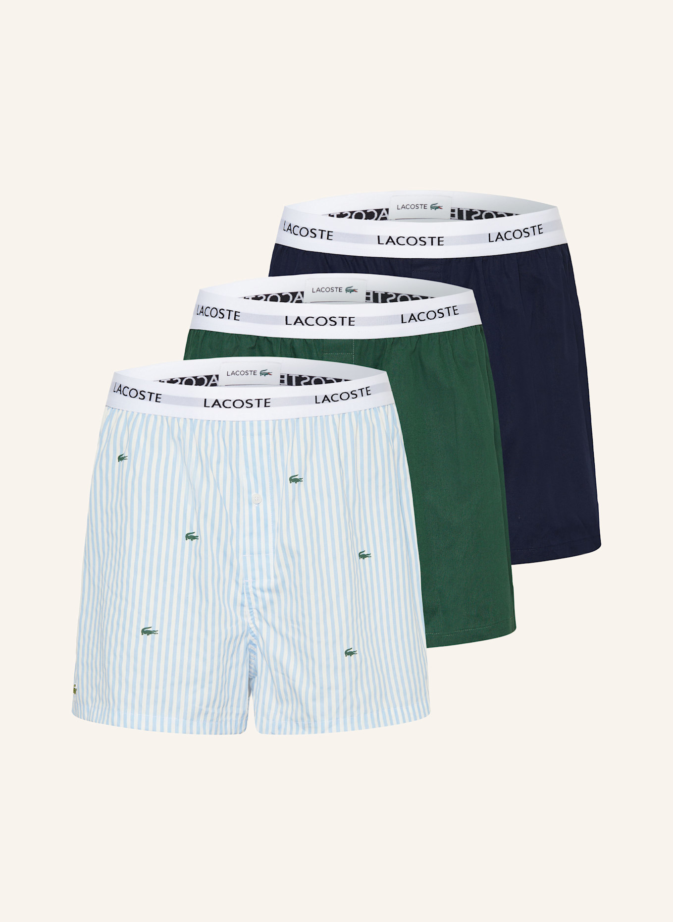 LACOSTE 3-pack boxer shorts: DARK BLUE / LIGHT BLUE / DARK GREEN