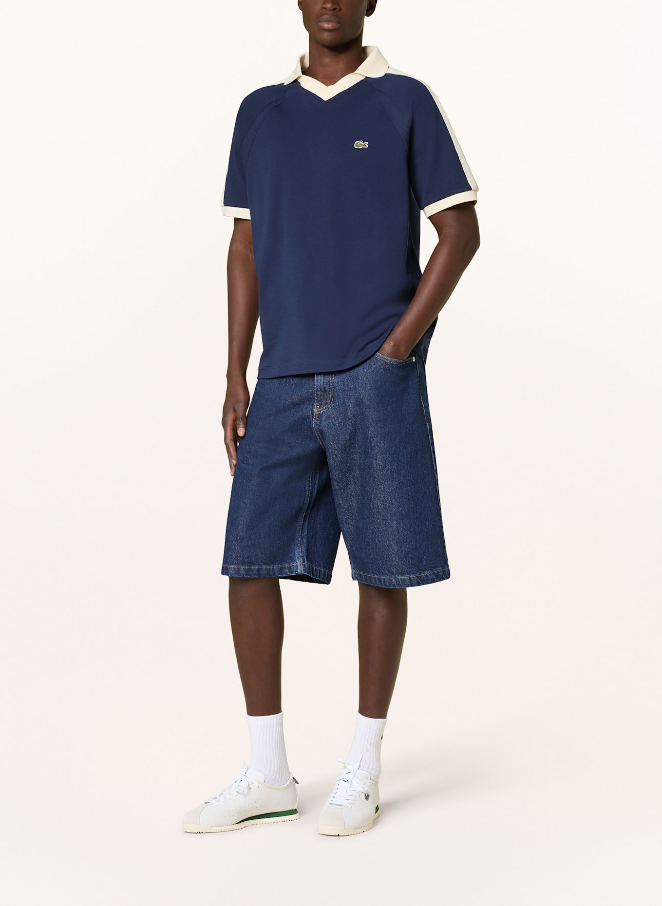 LACOSTE Jersey-Poloshirt: DUNKELBLAU / ECRU