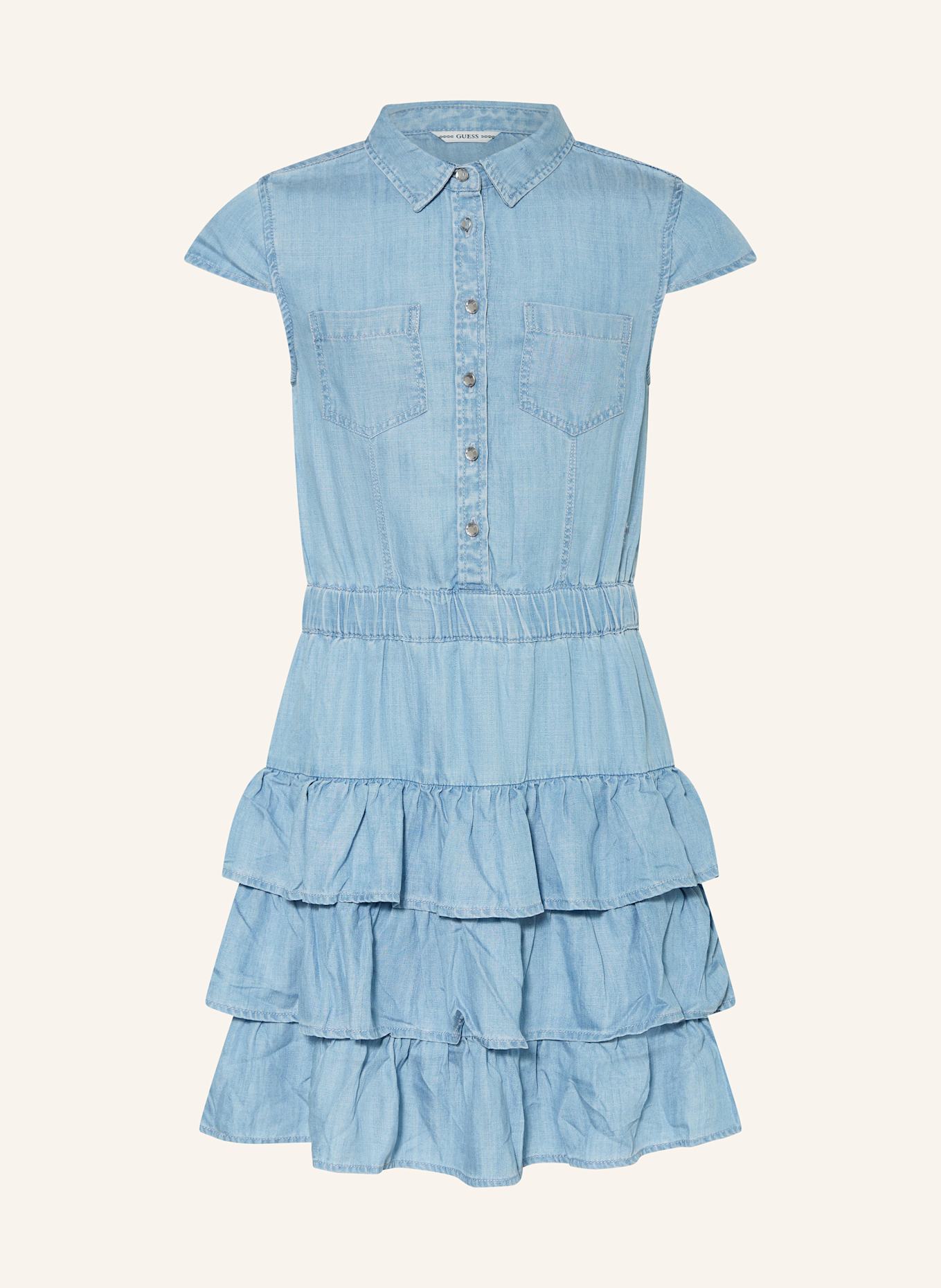 GUESS Hemdblusenkleid in Jeansoptik mit Rüschen: HELLBLAU