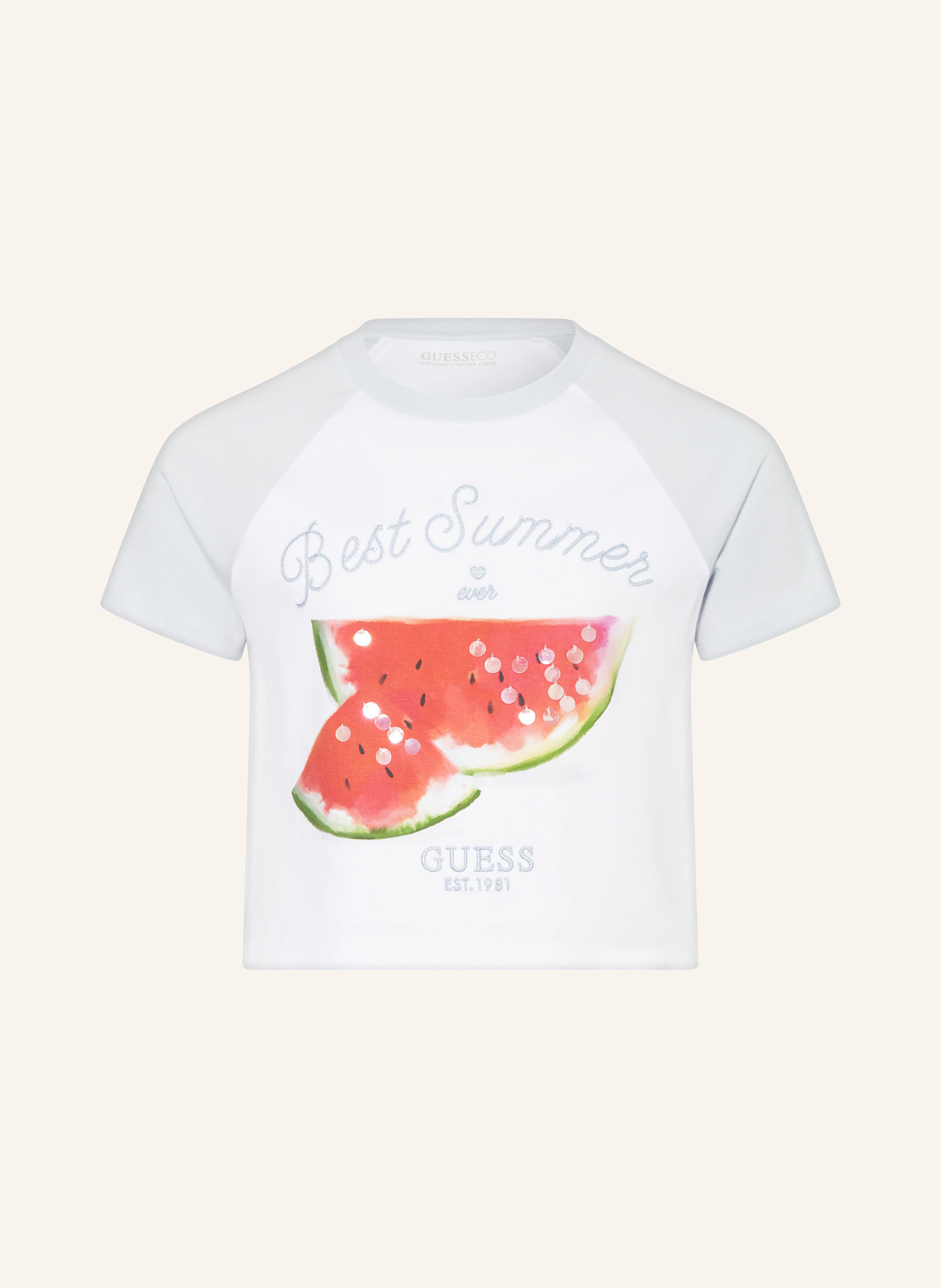 GUESS Cropped-Shirt mit Pailletten: WEISS/ HELLBLAU