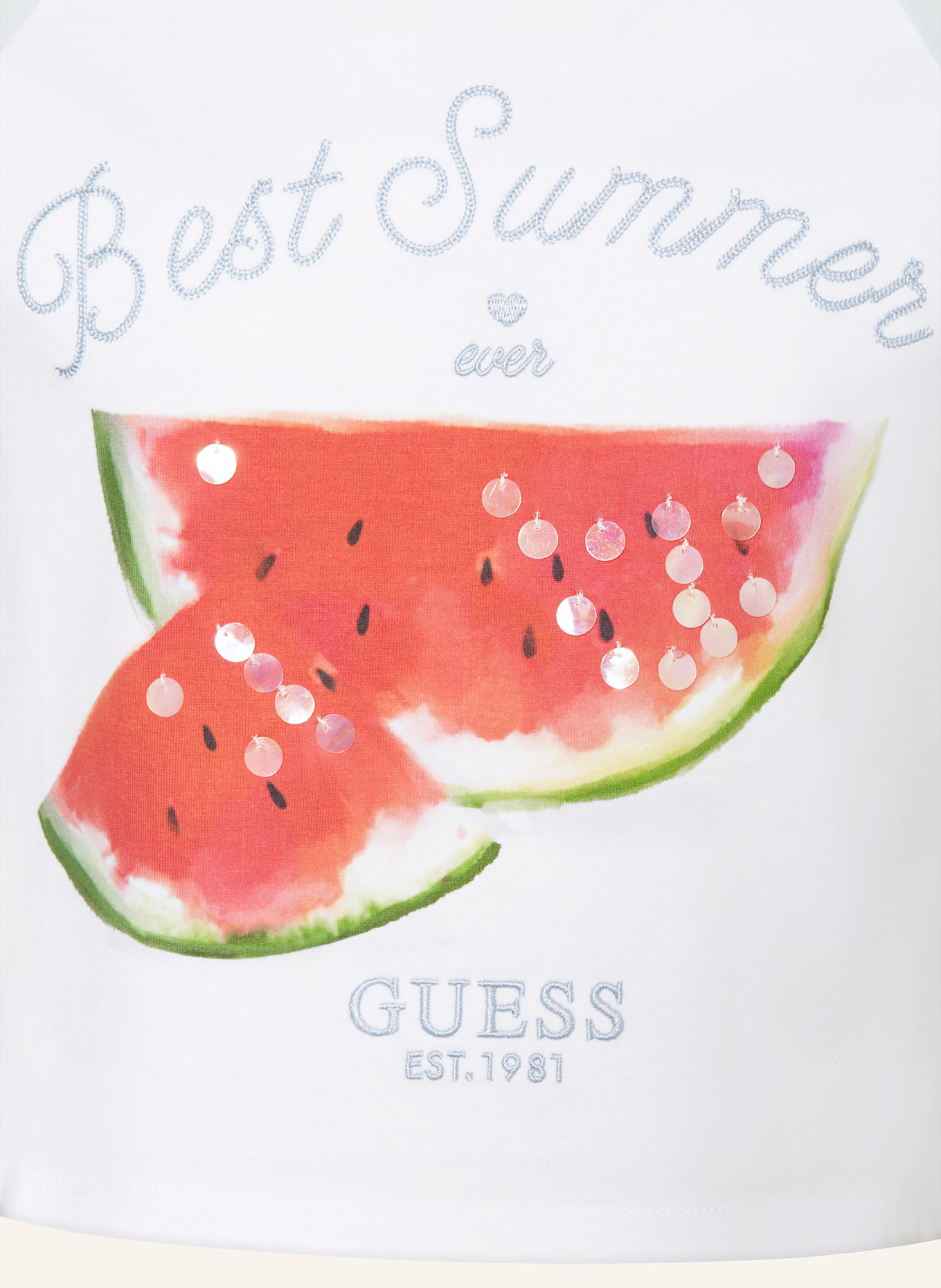 GUESS Cropped-Shirt mit Pailletten: WEISS/ HELLBLAU
