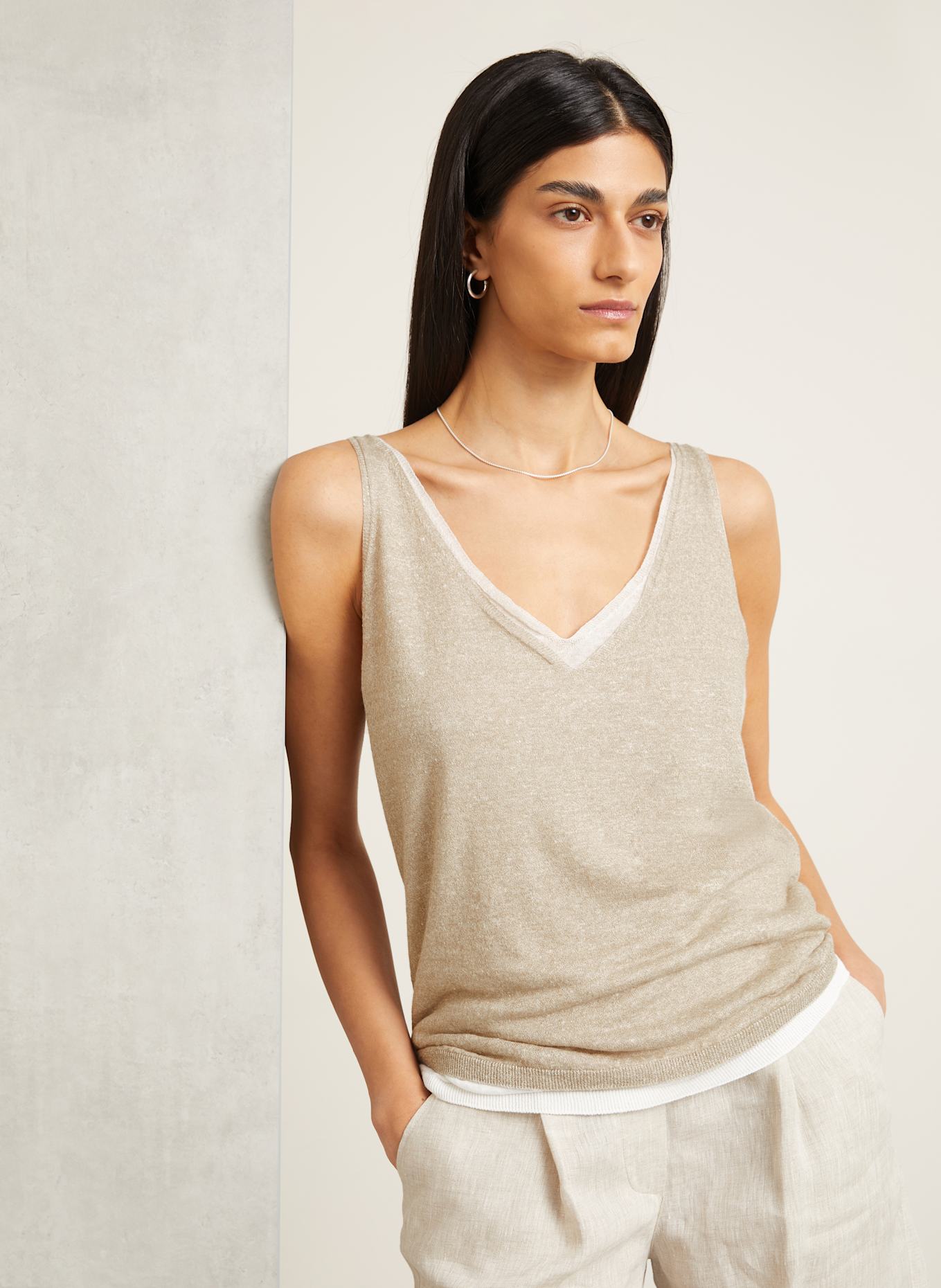 IRIS von ARNIM Top z dzianiny VALERIA z lnem: BEŻOWY/ BIAŁY