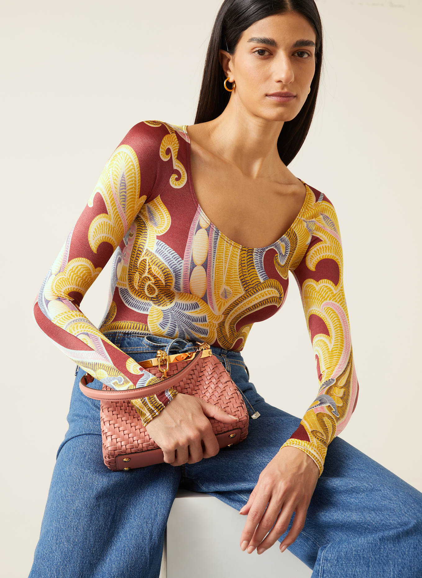 Wolford String body PAISLEY BAROQUE: ŽLUTÁ / TMAVĚ ČERVENÁ / TMAVĚ MODRÁ