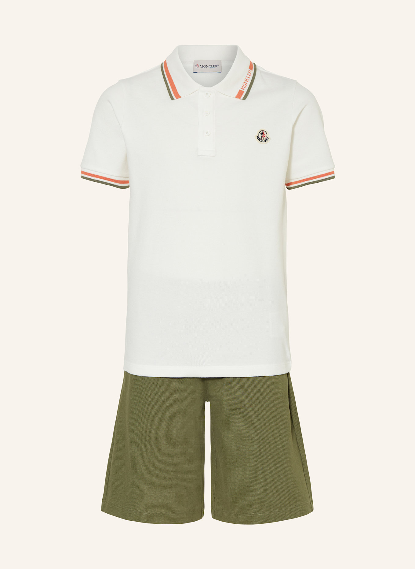 MONCLER enfant Set: Piqué polo shirt and piqué shorts: WHITE / OLIVE