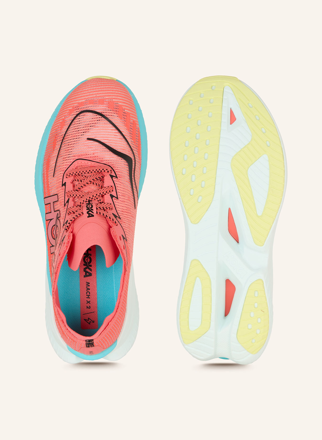 HOKA Laufschuhe MACH X2: HELLROT / TÜRKIS