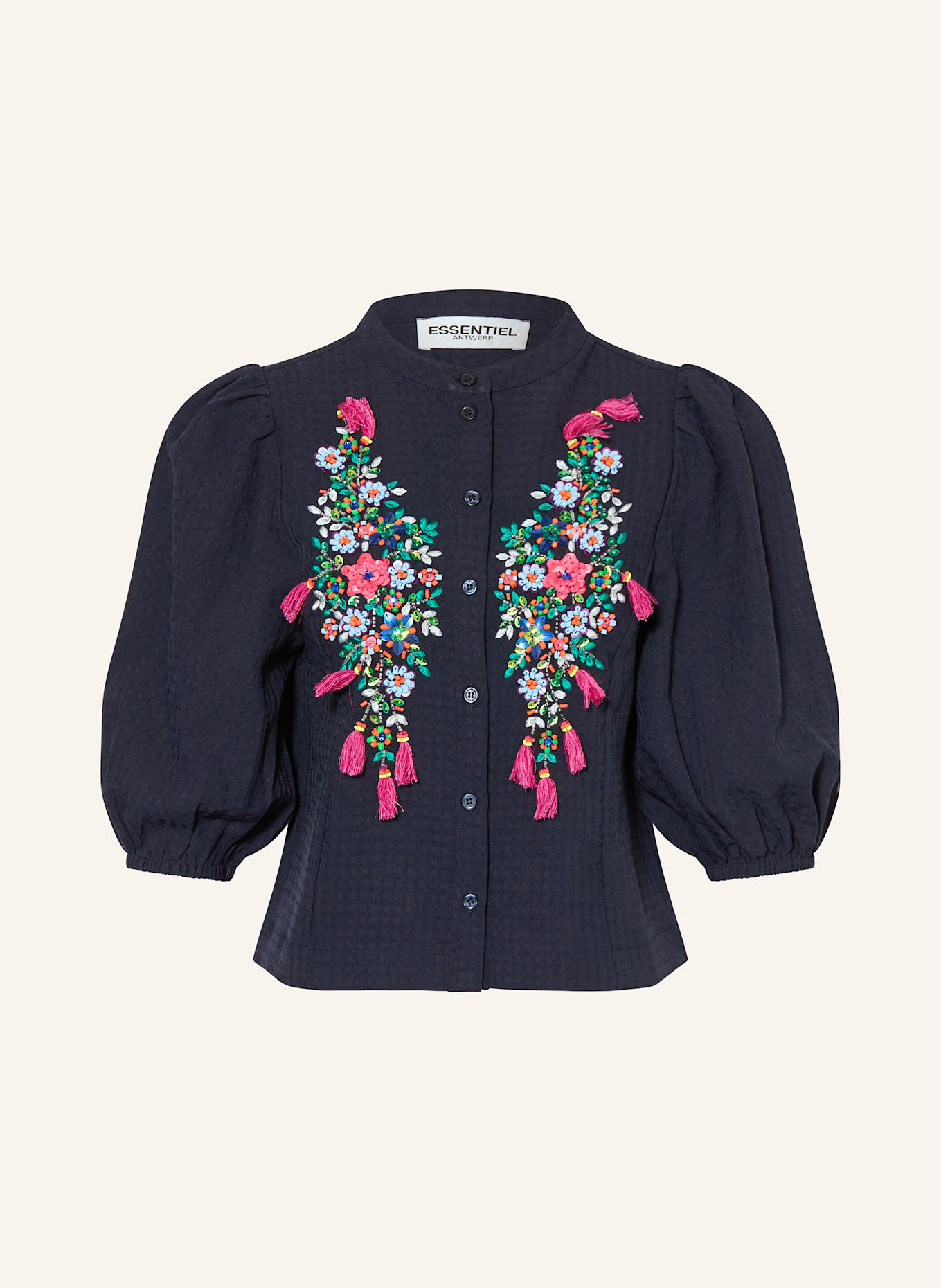 ESSENTIEL ANTWERP Bluse HEARTFELT mit 3/4-Arm und Schmucksteinen: DUNKELBLAU / HELLBLAU / PINK