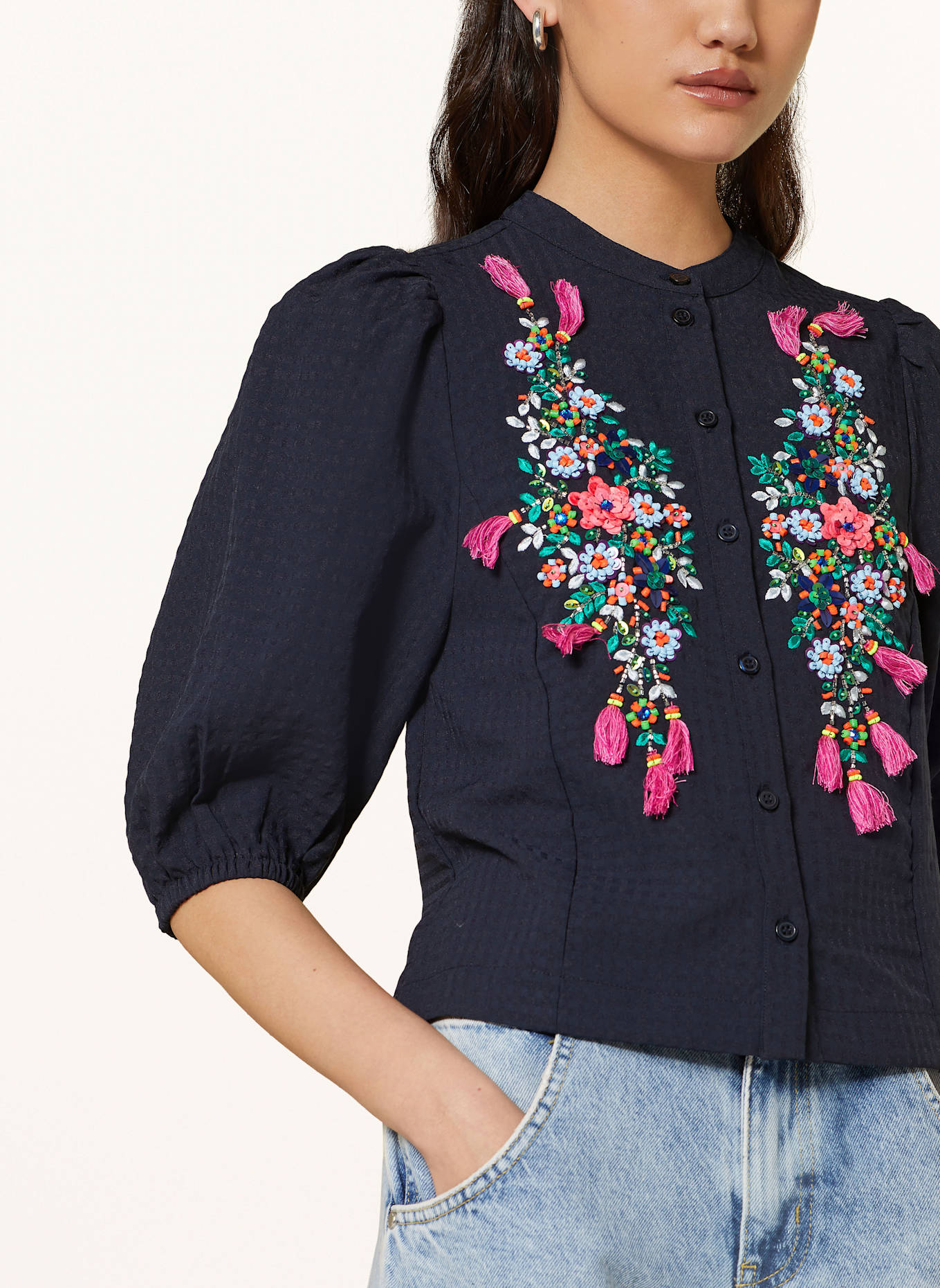 ESSENTIEL ANTWERP Bluse HEARTFELT mit 3/4-Arm und Schmucksteinen: DUNKELBLAU / HELLBLAU / PINK