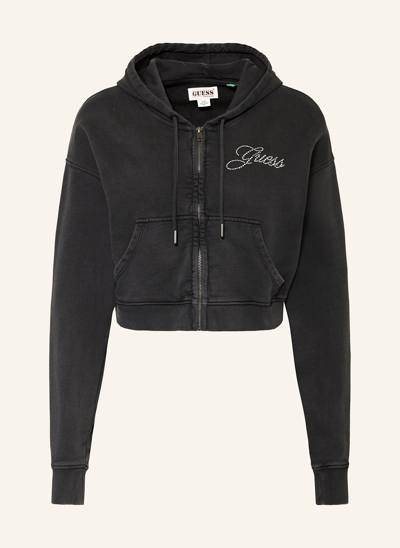 GUESS JEANS Cropped-Sweatjacke mit Schmucksteinen: SCHWARZ