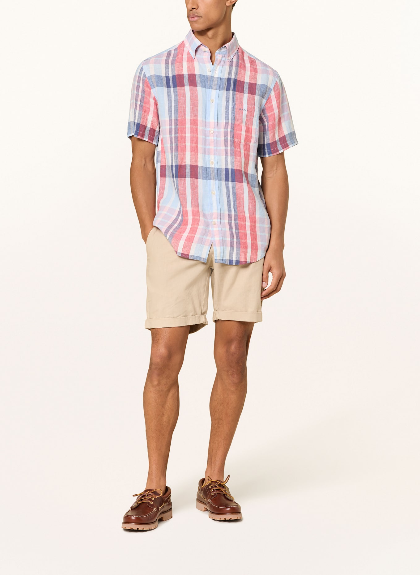 GANT Kurzarm-Hemd Regular Fit aus Leinen: ROT/ HELLBLAU/ WEISS