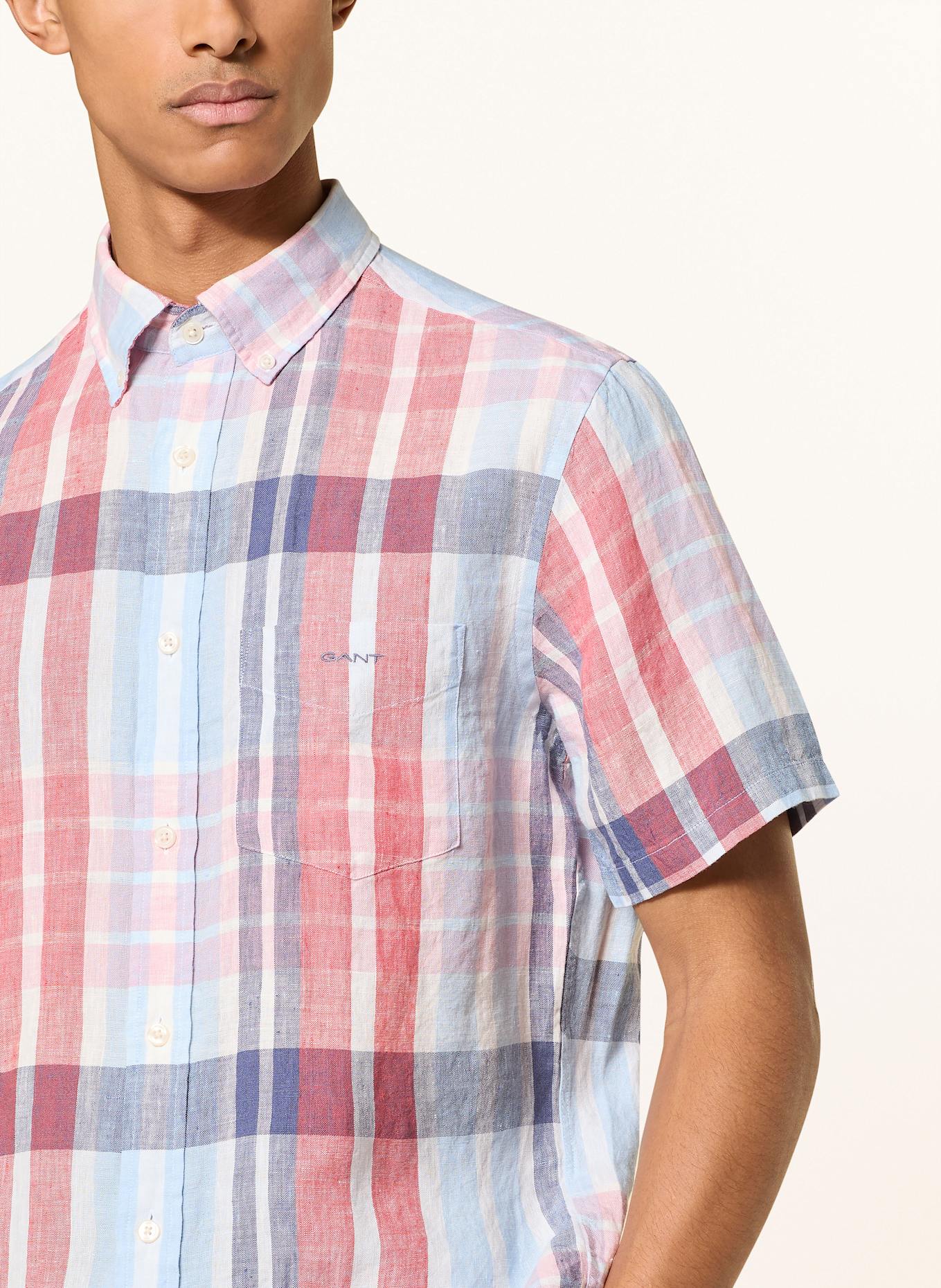 GANT Kurzarm-Hemd Regular Fit aus Leinen: ROT/ HELLBLAU/ WEISS
