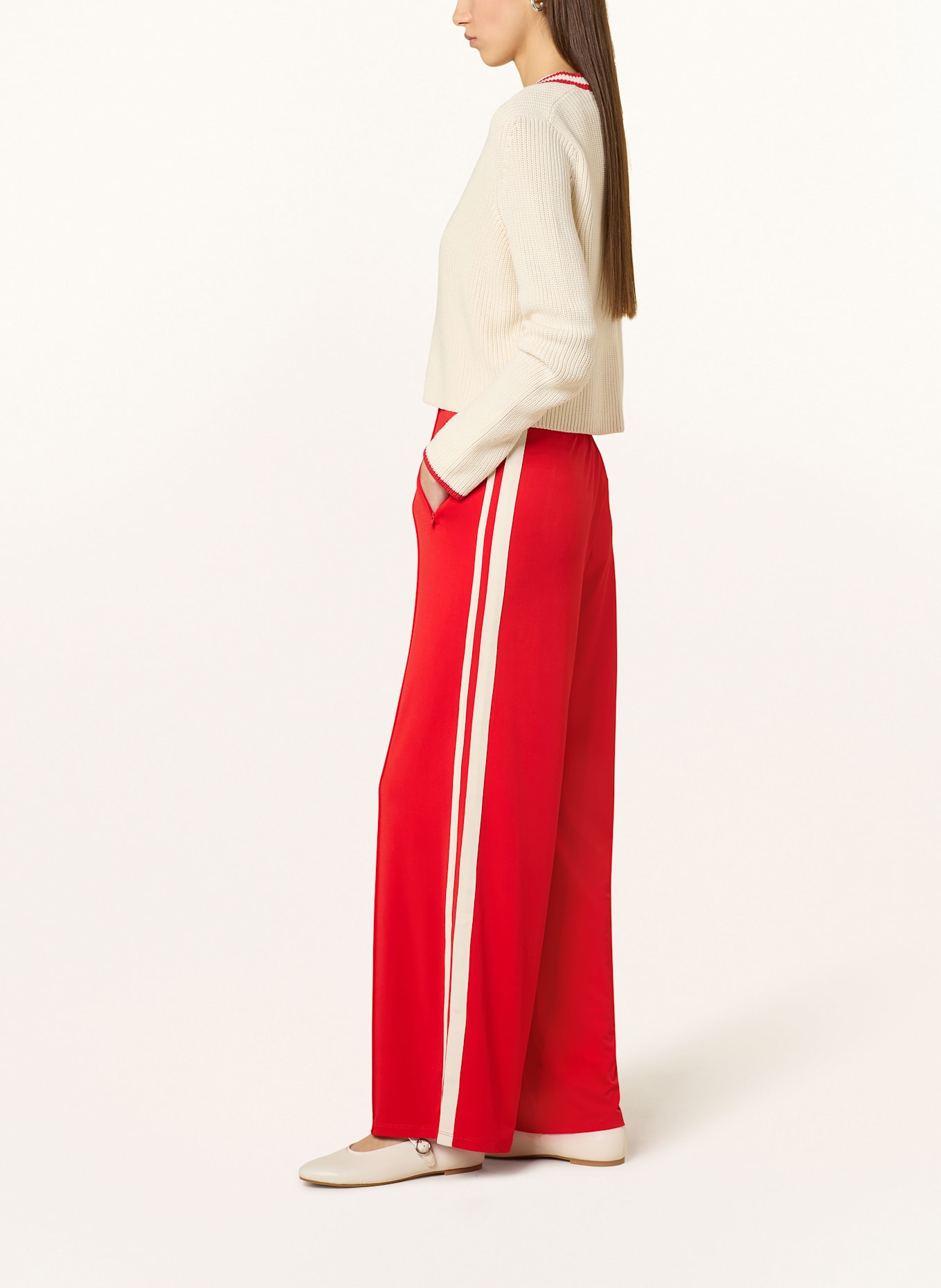 Miss Lagotte Wide leg trousers with tuxedo stripes: RED / CREAM