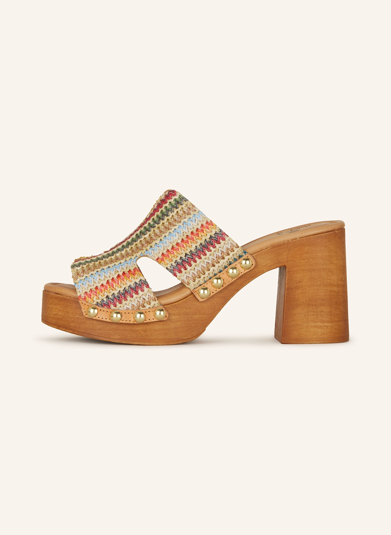 È MIA Plateau-Mules mit Nieten: BEIGE/ ROT/ GRÜN
