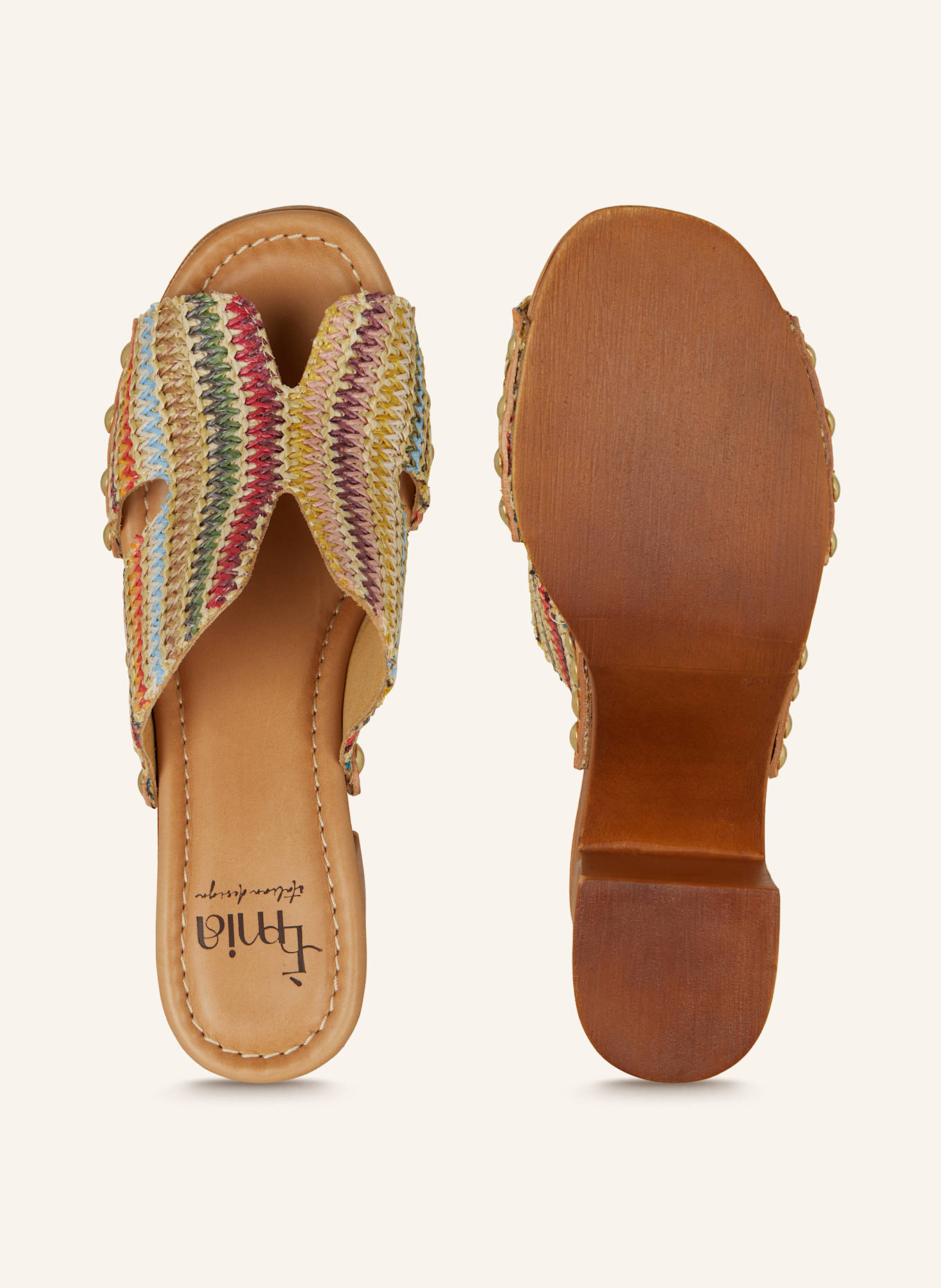 È MIA Plateau-Mules mit Nieten: BEIGE/ ROT/ GRÜN