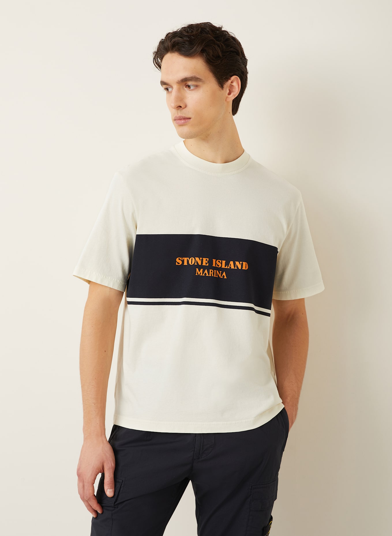 STONE ISLAND T-Shirt MARINA: ECRU / DUNKELBLAU / DUNKELORANGE