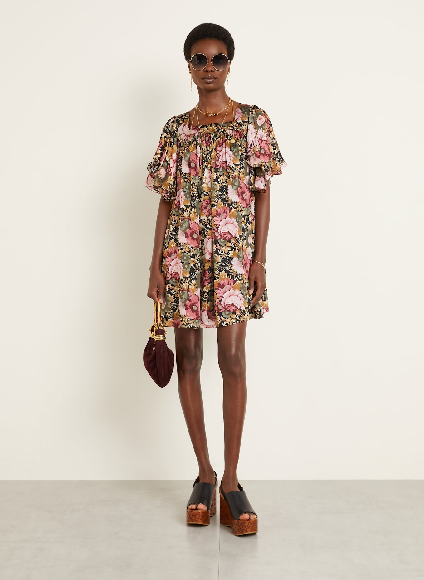 Chloé Hedvábné šaty: RŮŽOVÁ / KHAKI / TMAVĚ ČERVENÁ