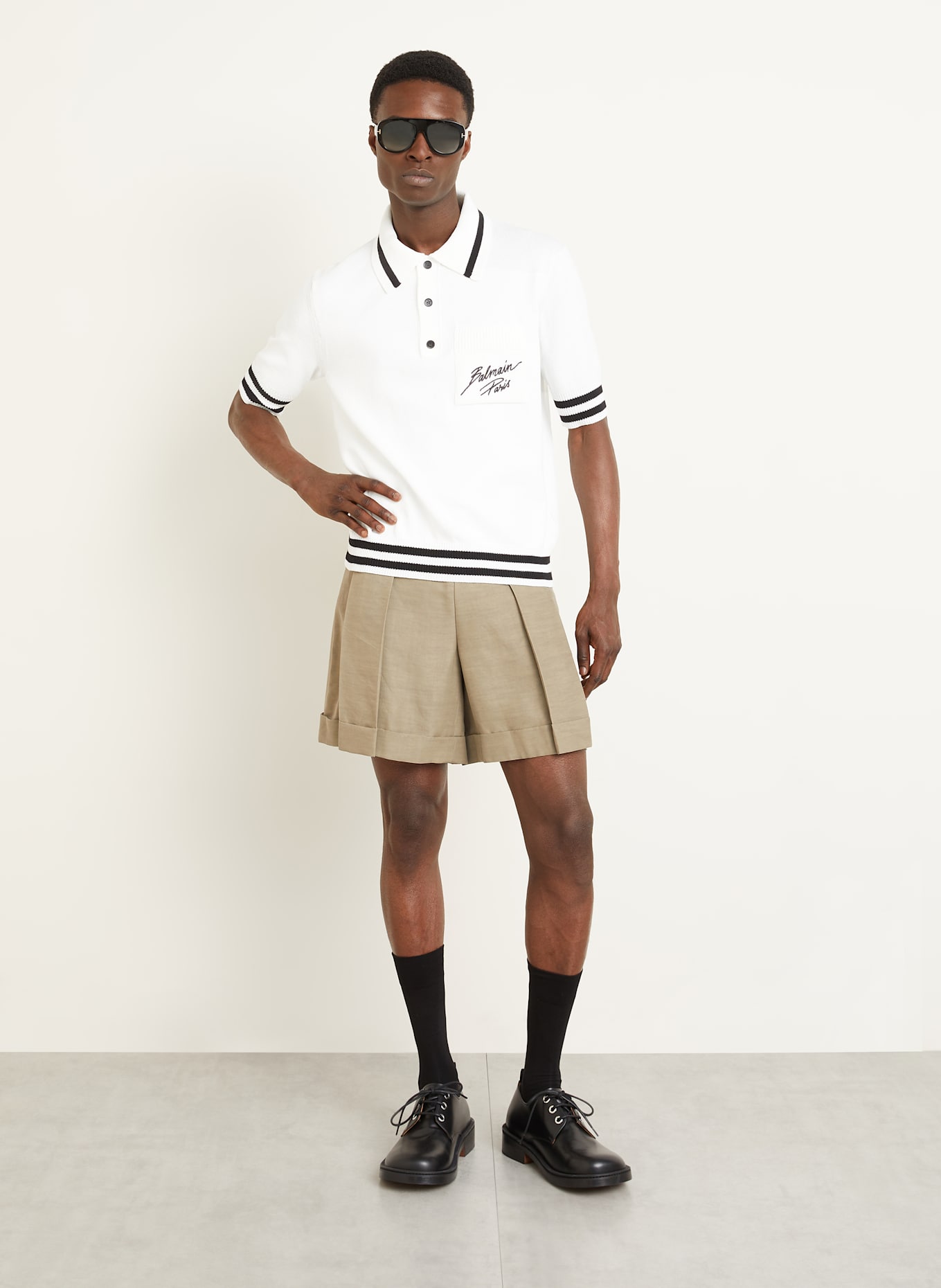 BALMAIN Knitted polo shirt: WHITE / BLACK