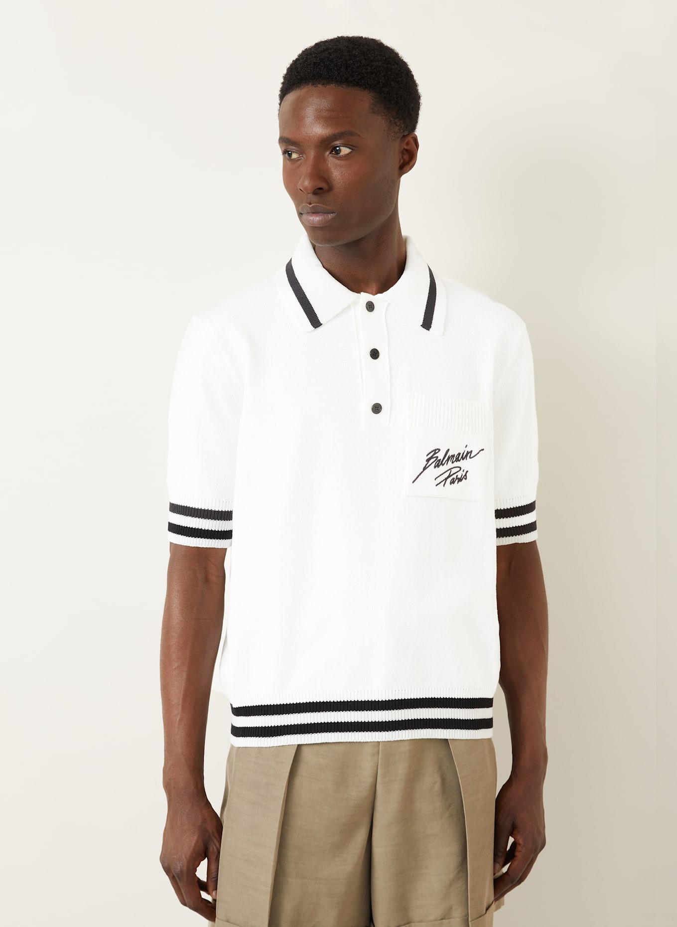 BALMAIN Knitted polo shirt: WHITE / BLACK