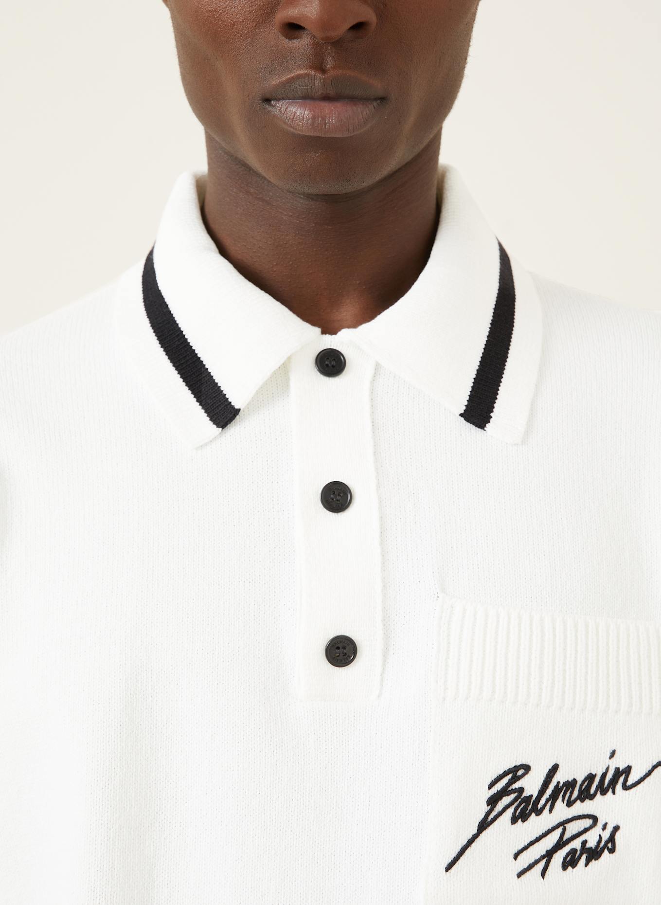 BALMAIN Knitted polo shirt: WHITE / BLACK