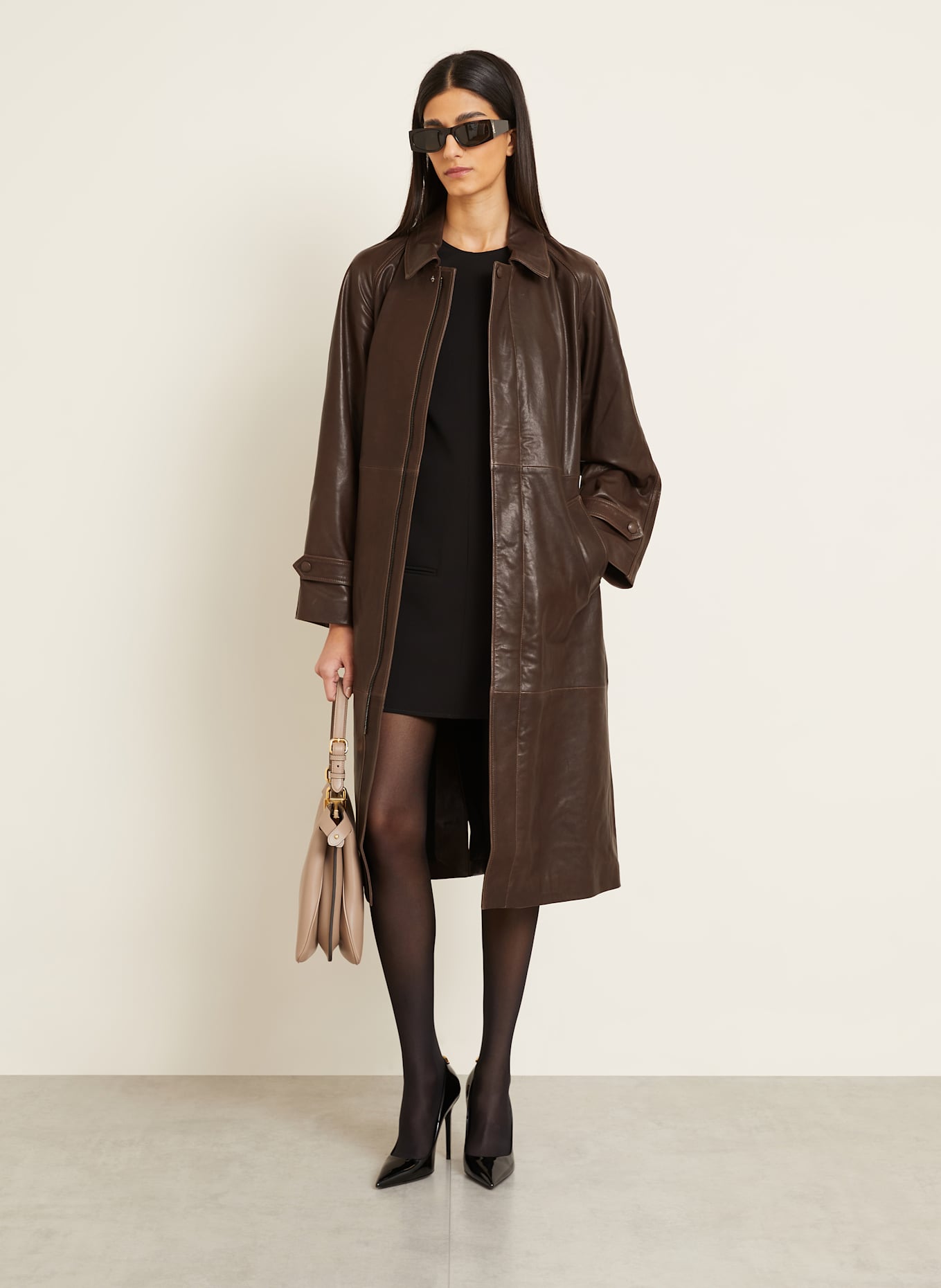 NOUR HAMMOUR Kožený kabát ISOLDE: TMAVĚ HNĚDÁ