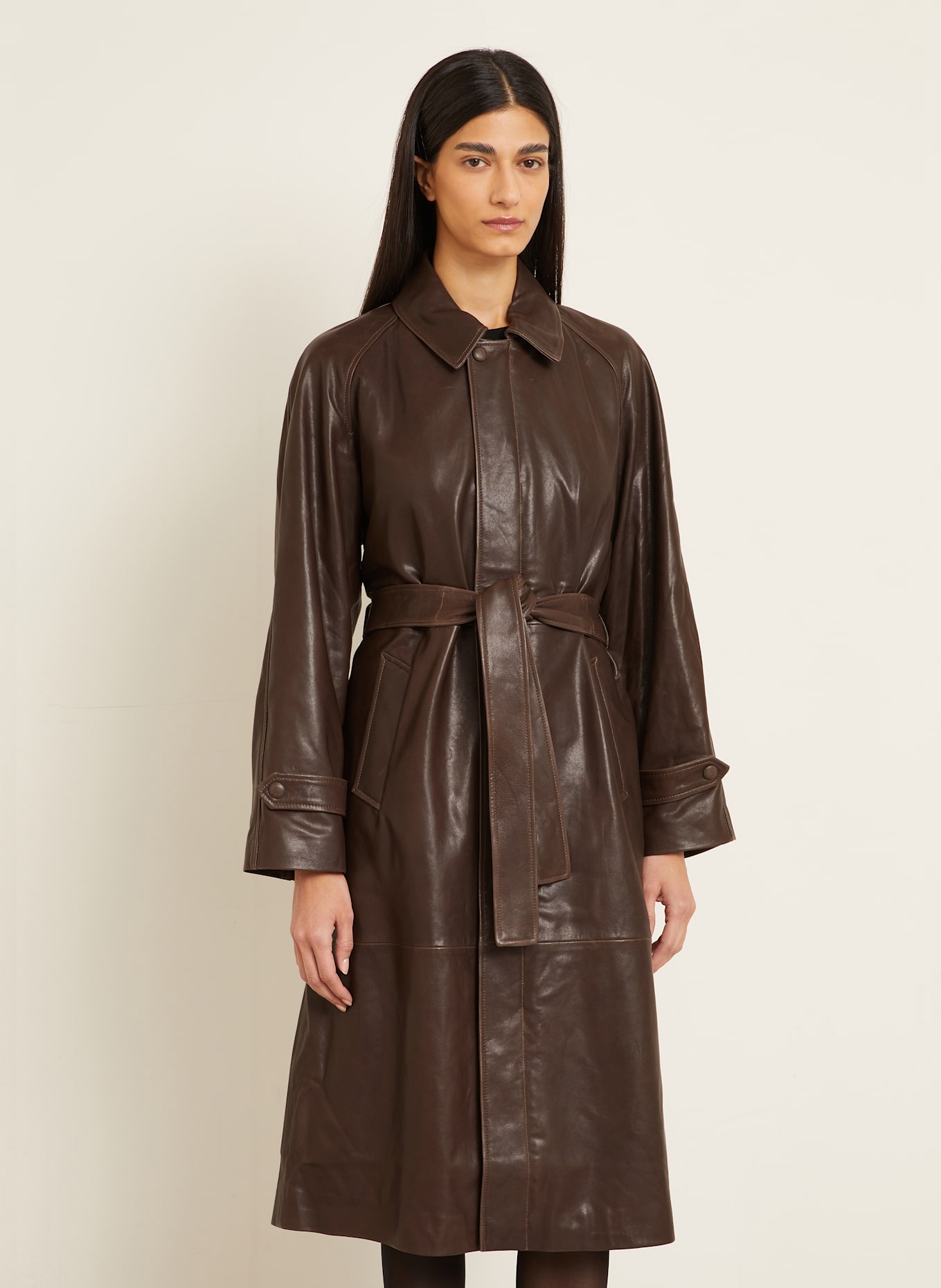 NOUR HAMMOUR Kožený kabát ISOLDE: TMAVĚ HNĚDÁ