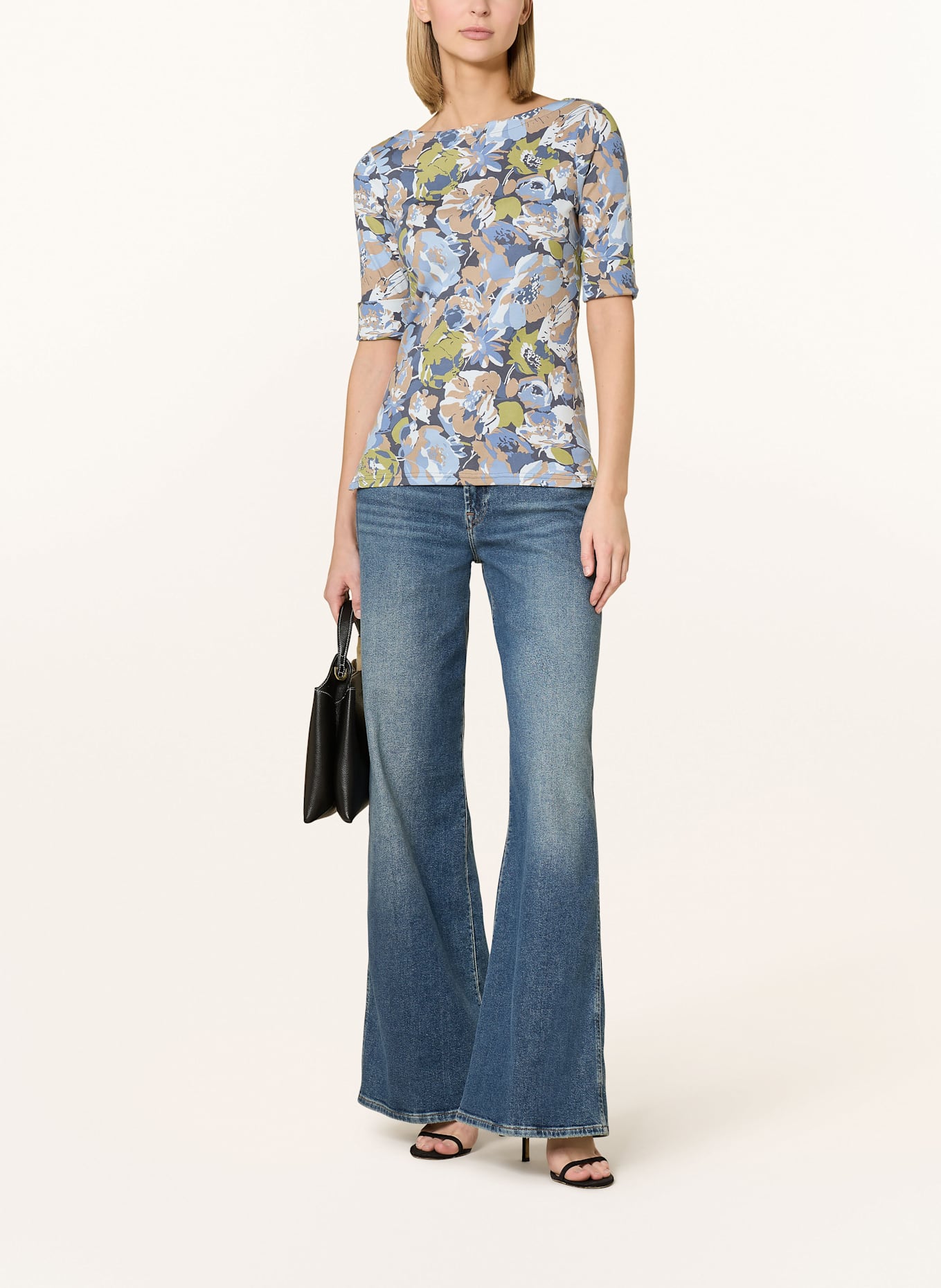 LAUREN RALPH LAUREN Tričko s 3/4 rukávem: TMAVĚ MODRÁ / MODRÁ / BÉŽOVÁ