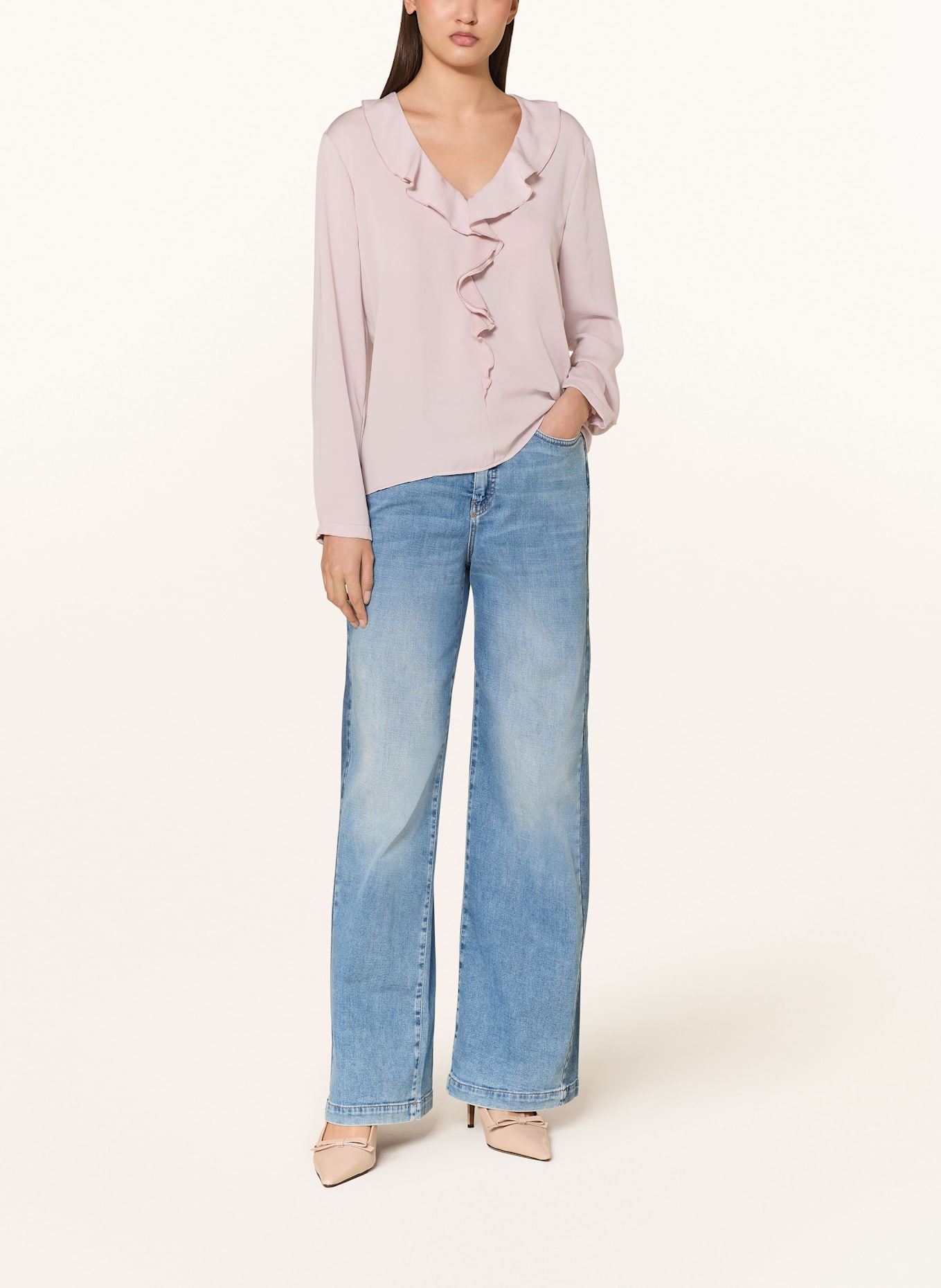 MARC CAIN Shirt blouse with frills: 702 light desert taupe